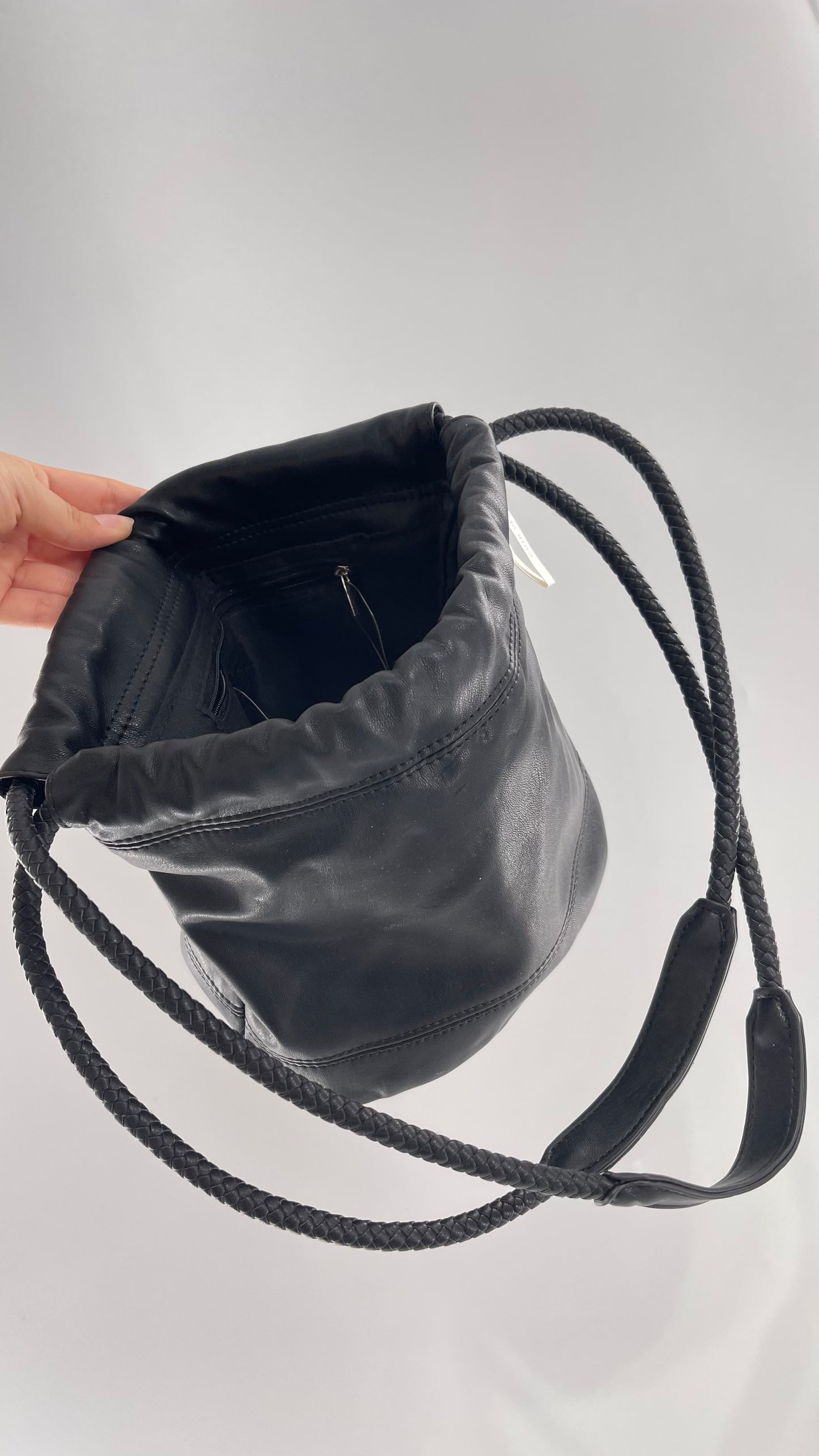 Urban Outfitters Black Adjustable Bucket Tank Vegan Leather Bag with Braided Handles