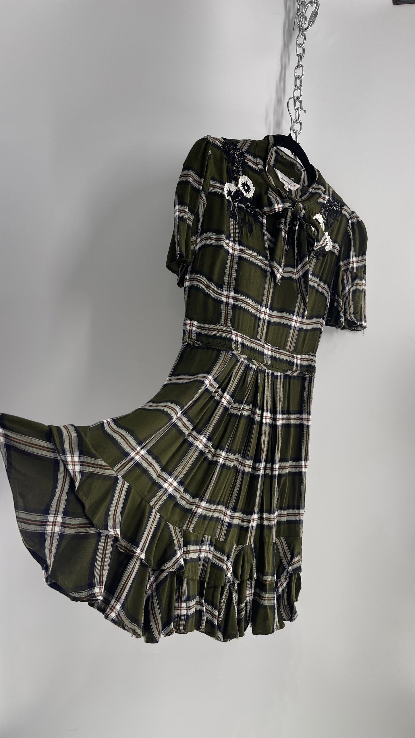 Ranna Gill Anthropologie Army Green Plaid Dress with Floral Embroidery and Bow Tie Detail (XS)
