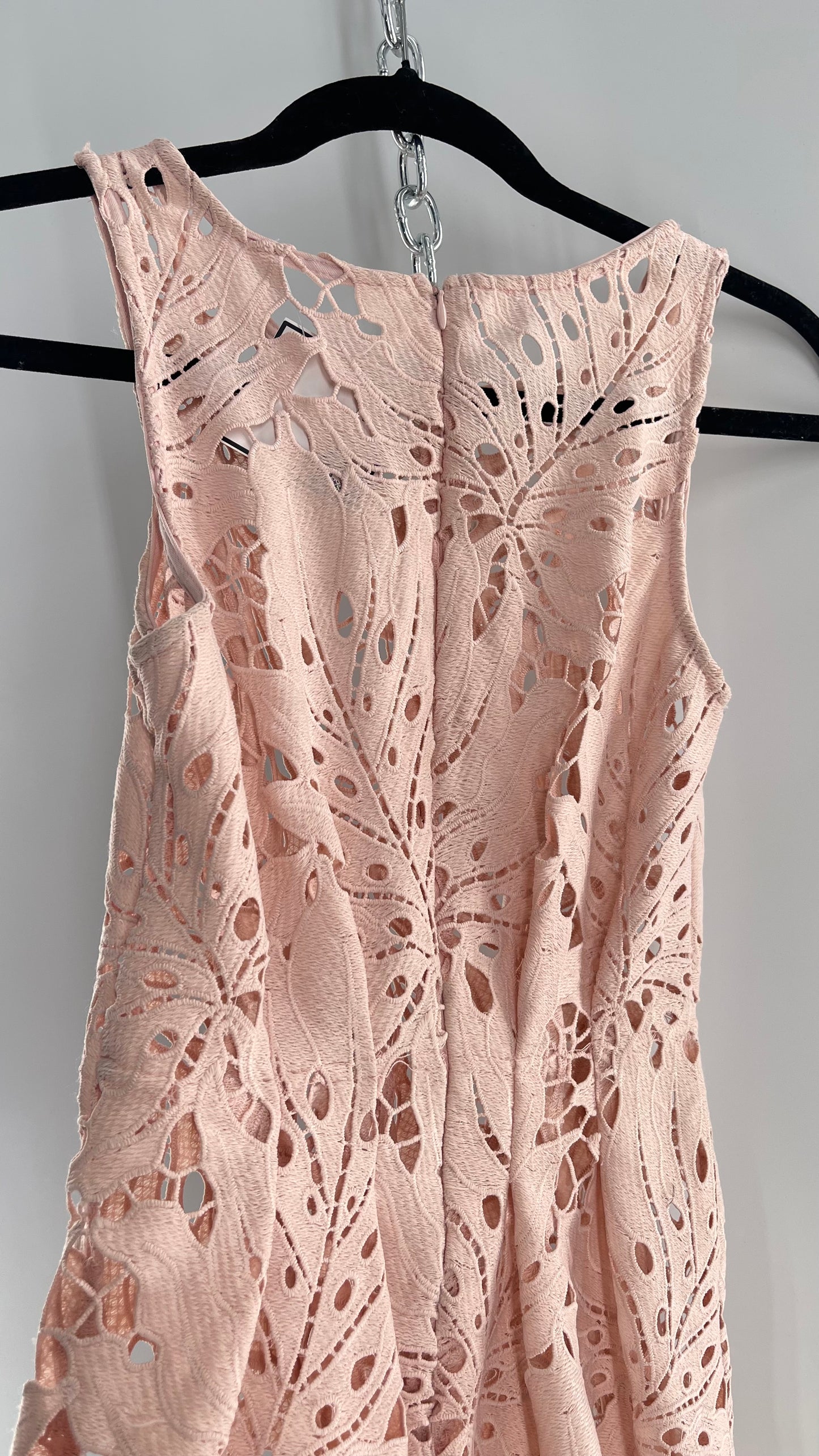 Anthropologie Eva Franco Baby Pink Completely Laser Cut Lace Palm Leaf Knee High Dress (2)