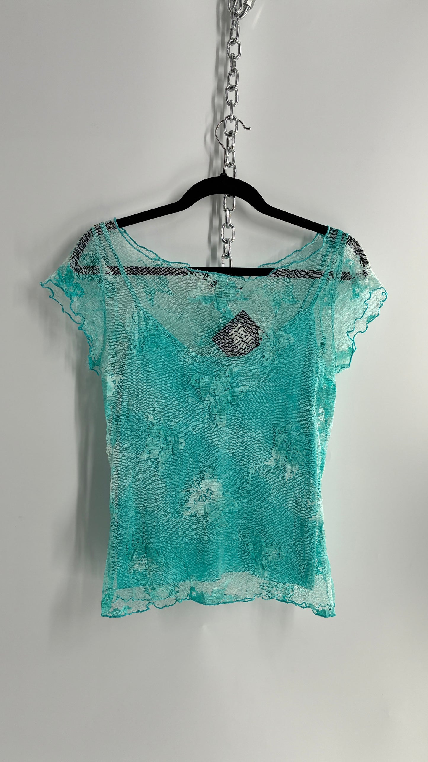 1990s VINTAGE Butterfly Baby Blue Mesh Blouse (Large)