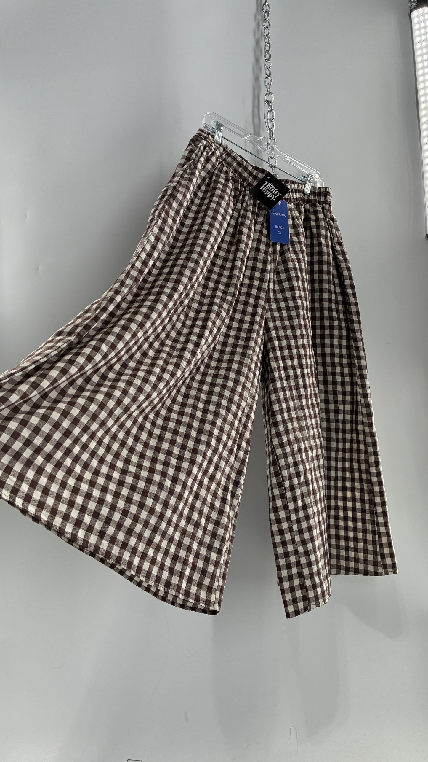Wide Leg Brown Gingham Picnic Pants (XL)