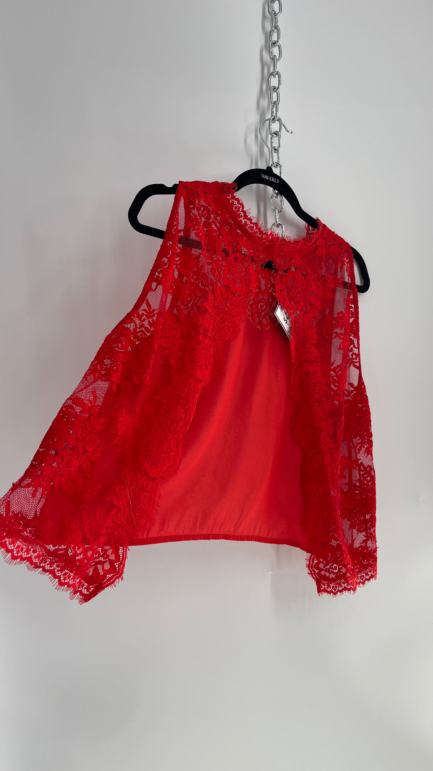 Free People Red Silky Lacy Open Back Tank (Medium)