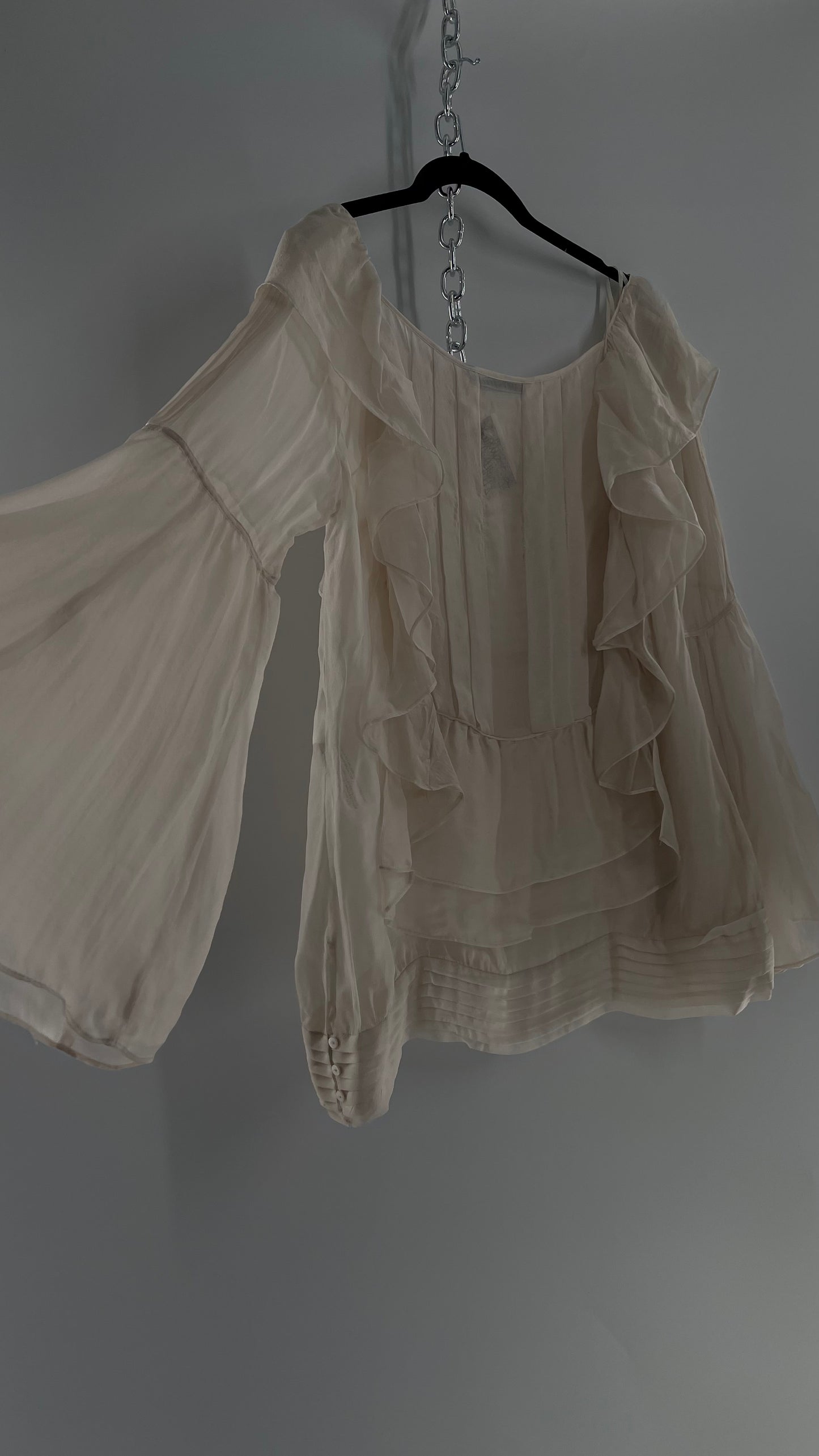ZARA Ruffled and Embroidered Bell Sleeve Blouse (Large)