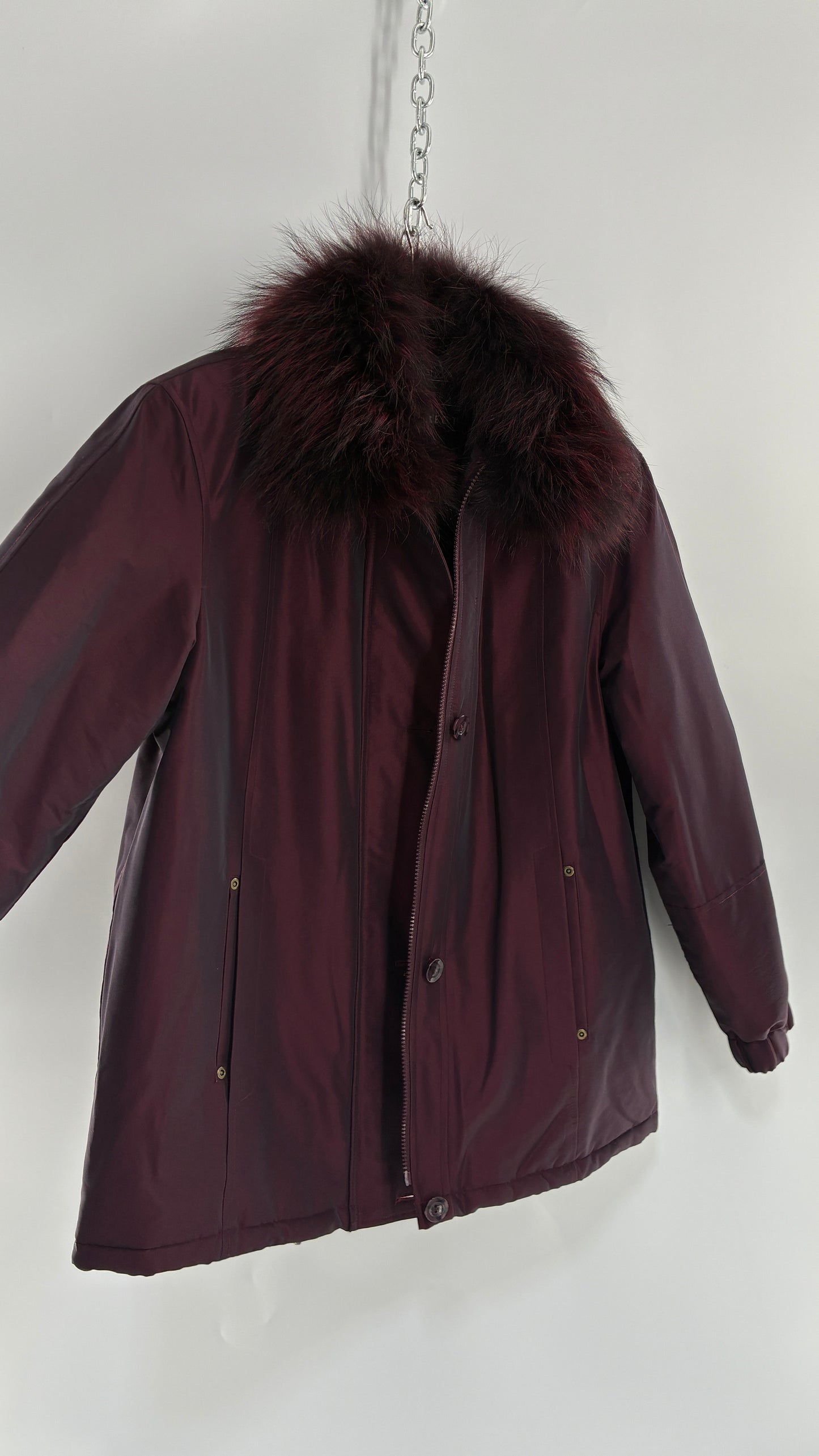 Vintage FLEET STREET Metallic Iridescent Purple Jacket with Exaggerated Genuine Fur Collar (Medium)