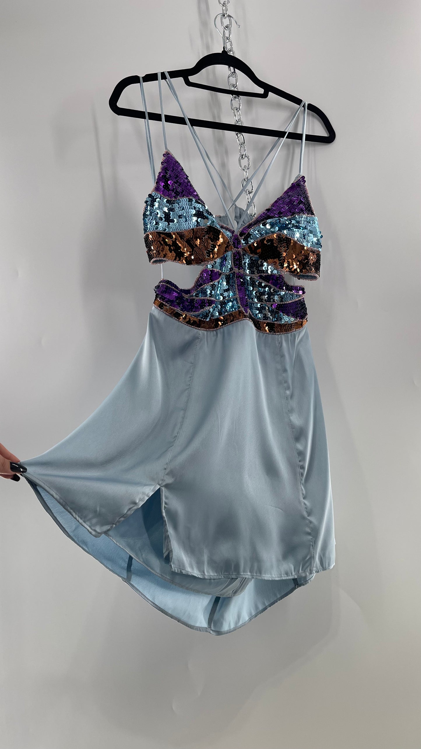 Urban Outfitters Light Blue Satin Butterfly Sequin Size L