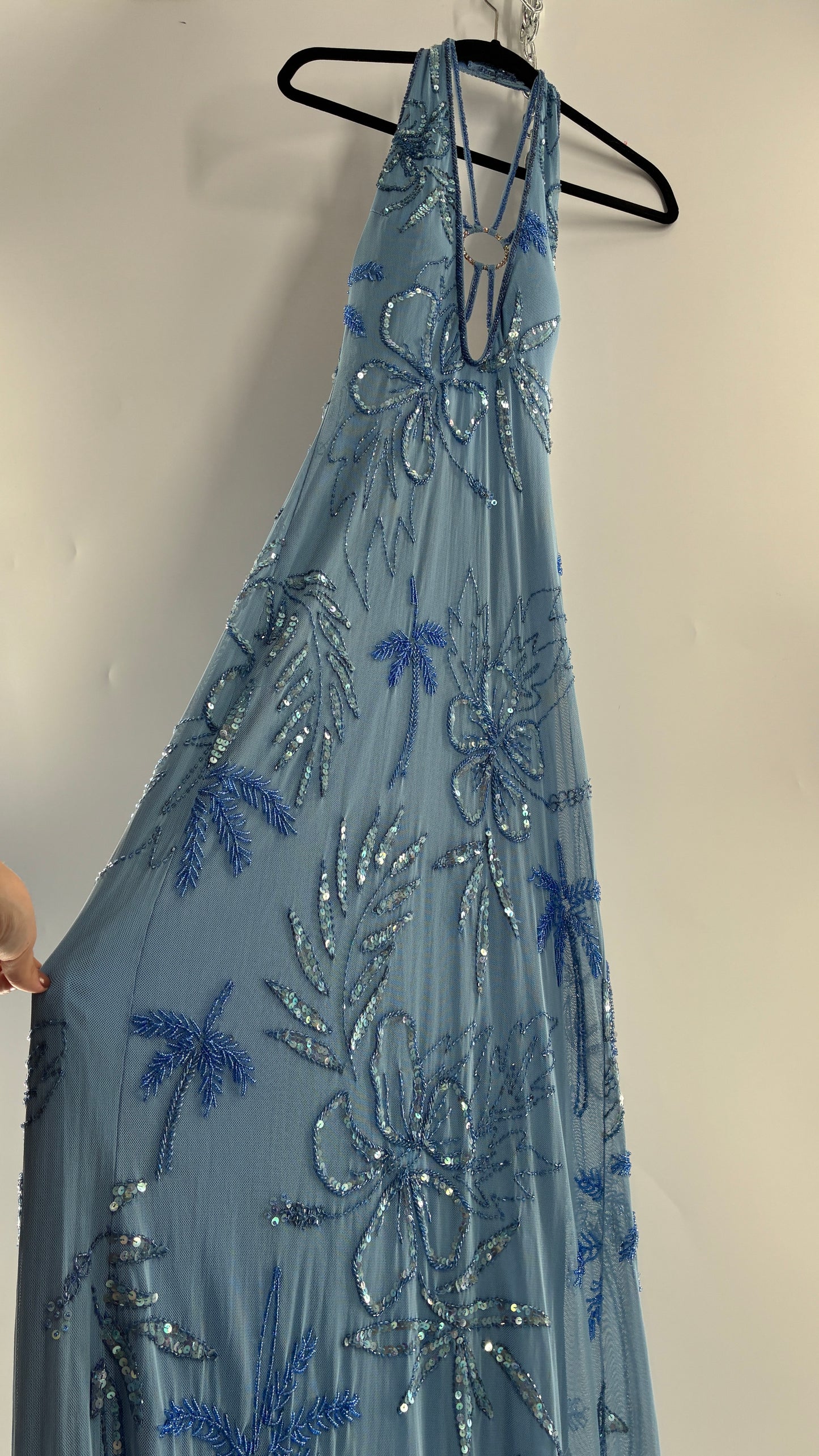 Vintage 1990s Powder Blue Gown Covered in Beaded Appliqué Tropical Designs with Strappy Bust and Low, Open Back (S/M, stretchy no size marked)