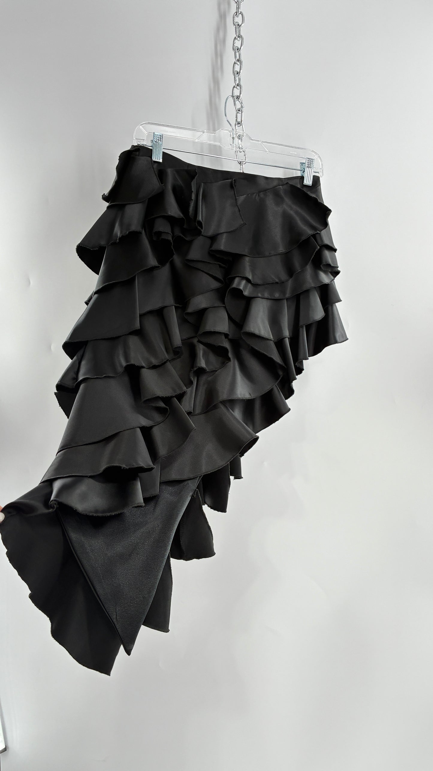 Deadstock Rare 1990s Vintage FRILLY LILLY Black Ruffled Asymmetric Skirt (8)