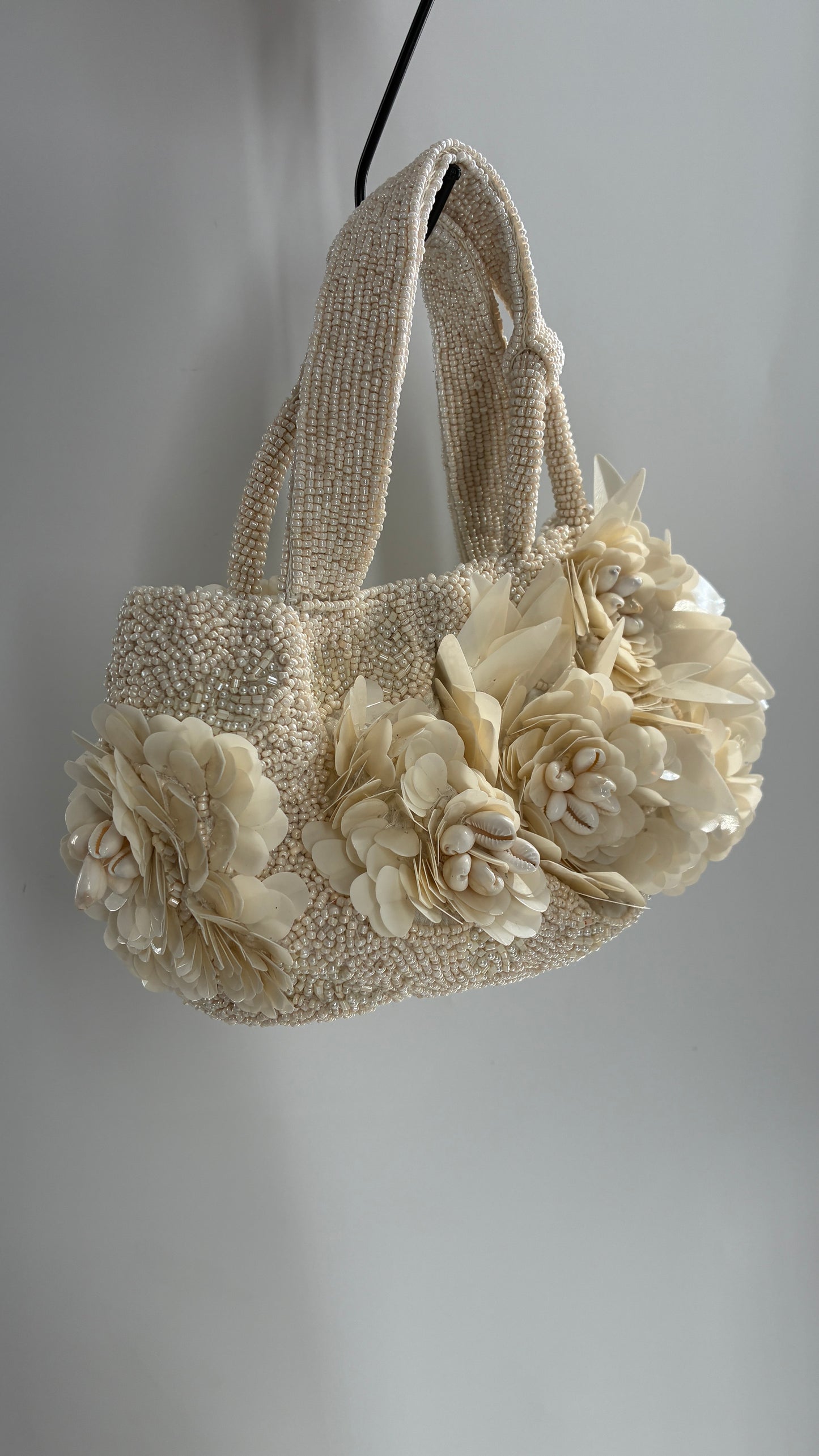 Beaded Off White Purse with Sequin and Shell Flowers