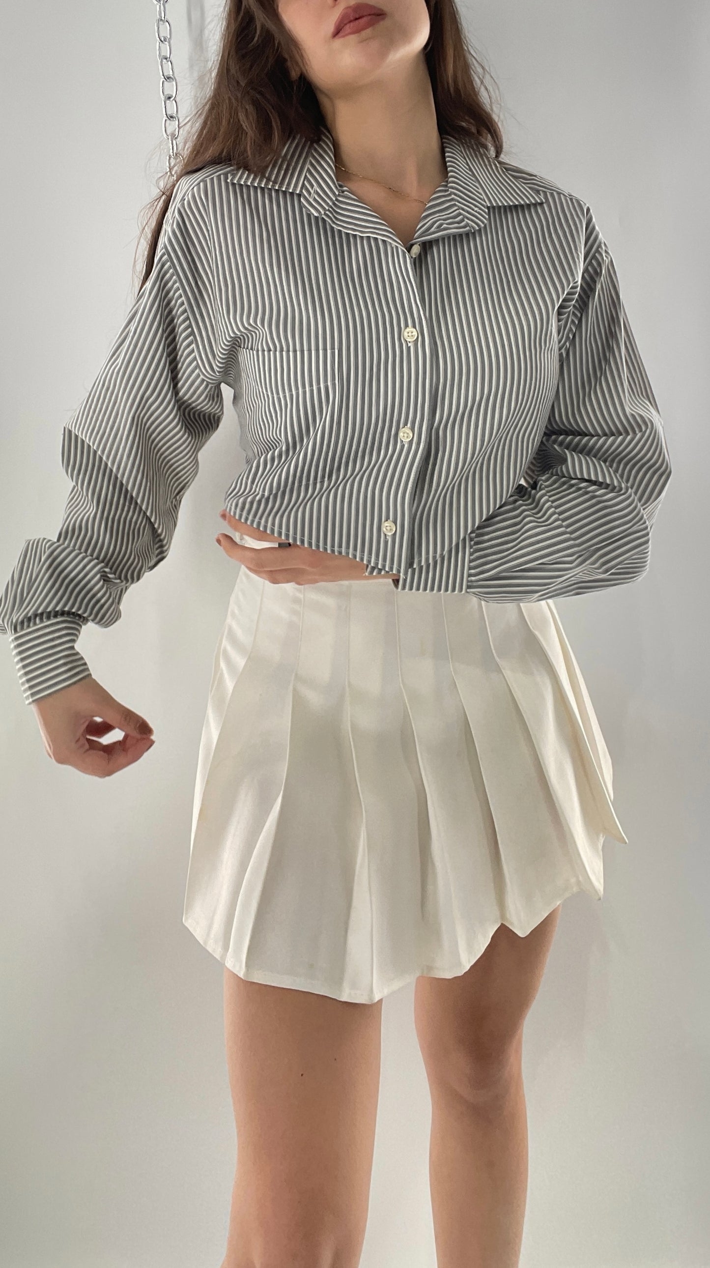 Vintage Reworked Button Front Backless Grey Blue Striped Blouse (One Size)