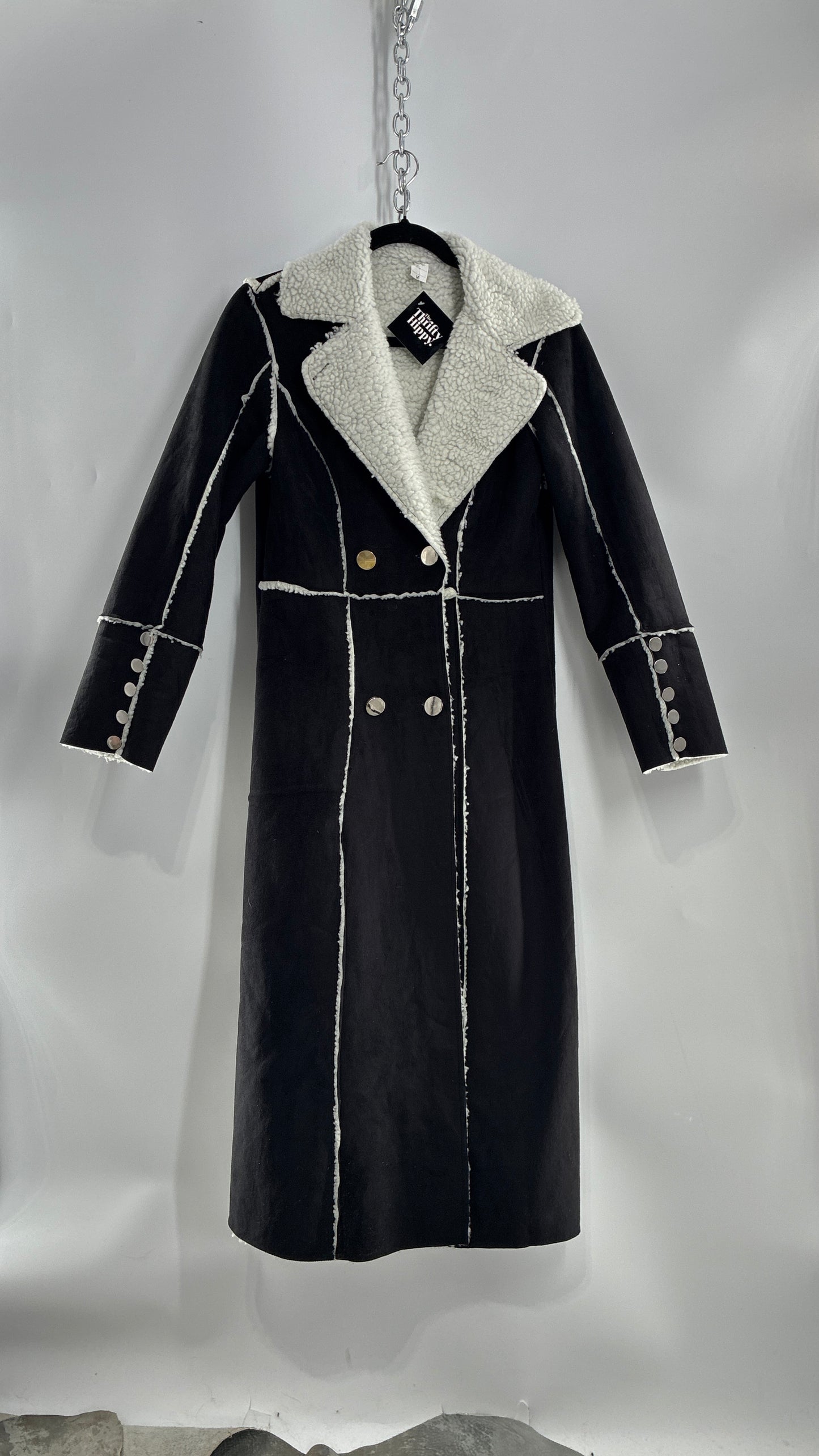 Vintage Black Vegan Suede Coat with Sherpa Lining (Medium)