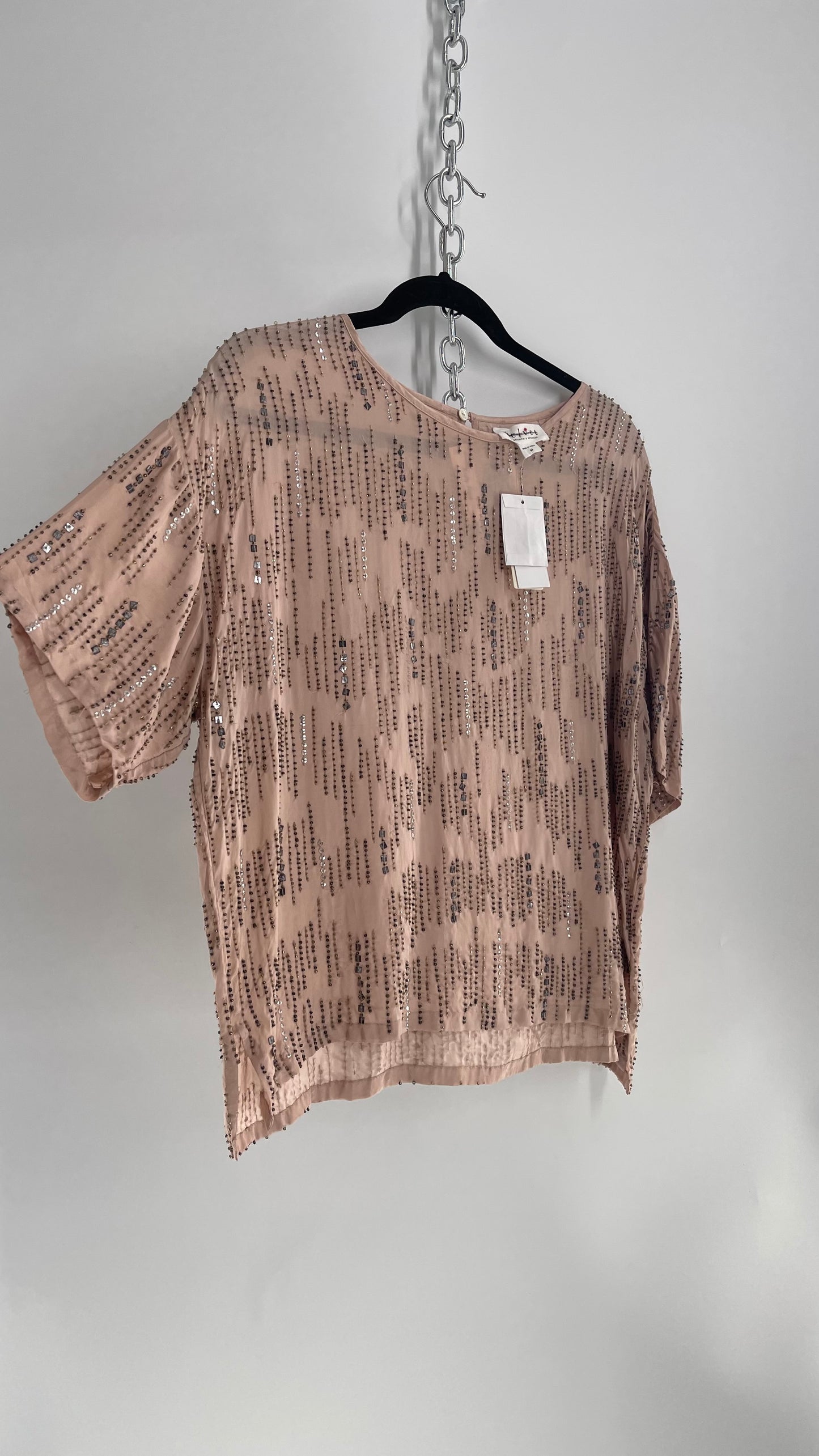 Velvet Anthropologie Dusty Rose Silky Top Covered in Beading and Tags Attached (Medium)
