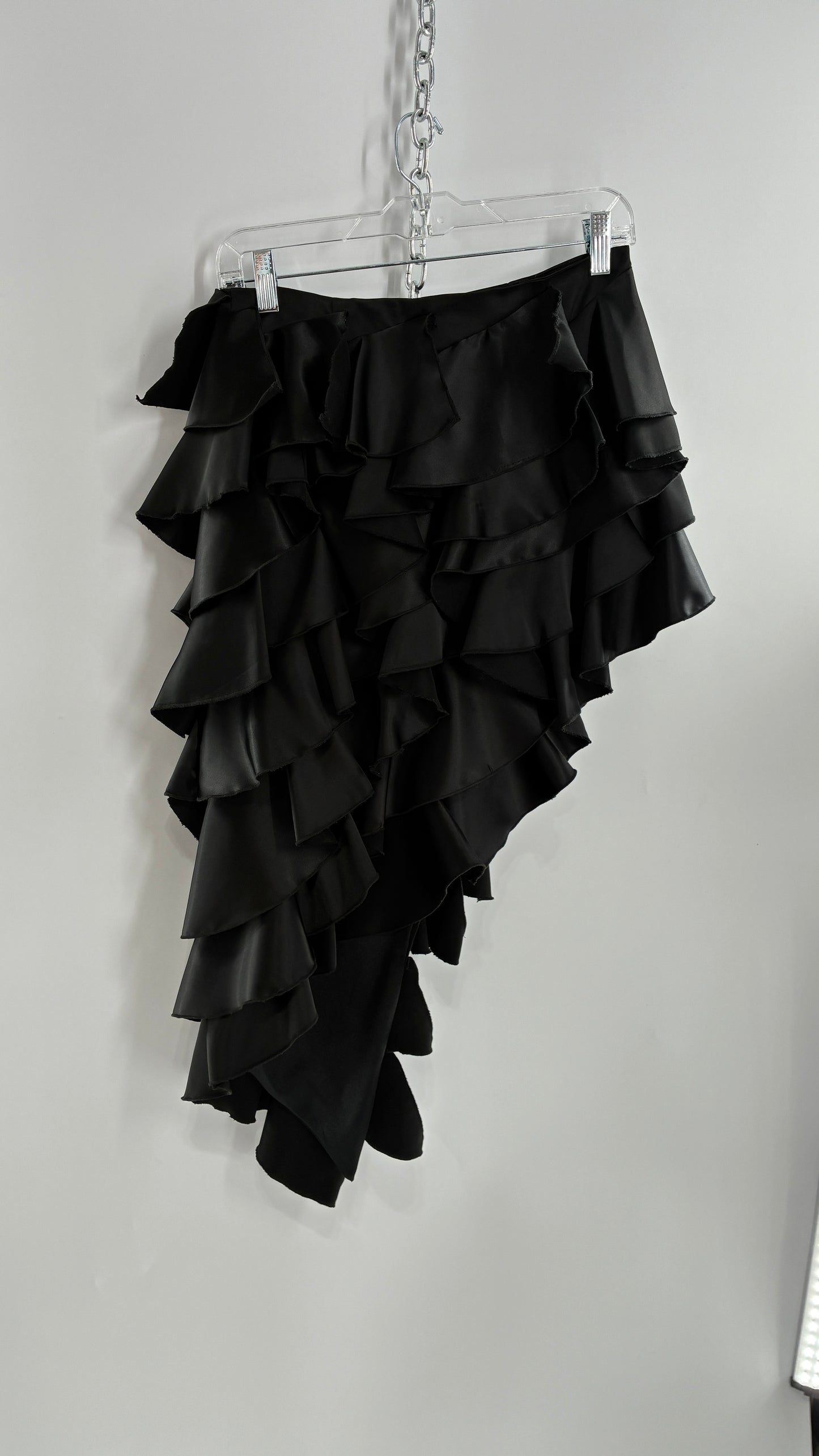 Deadstock Rare 1990s Vintage FRILLY LILLY Black Ruffled Asymmetric Skirt (8)