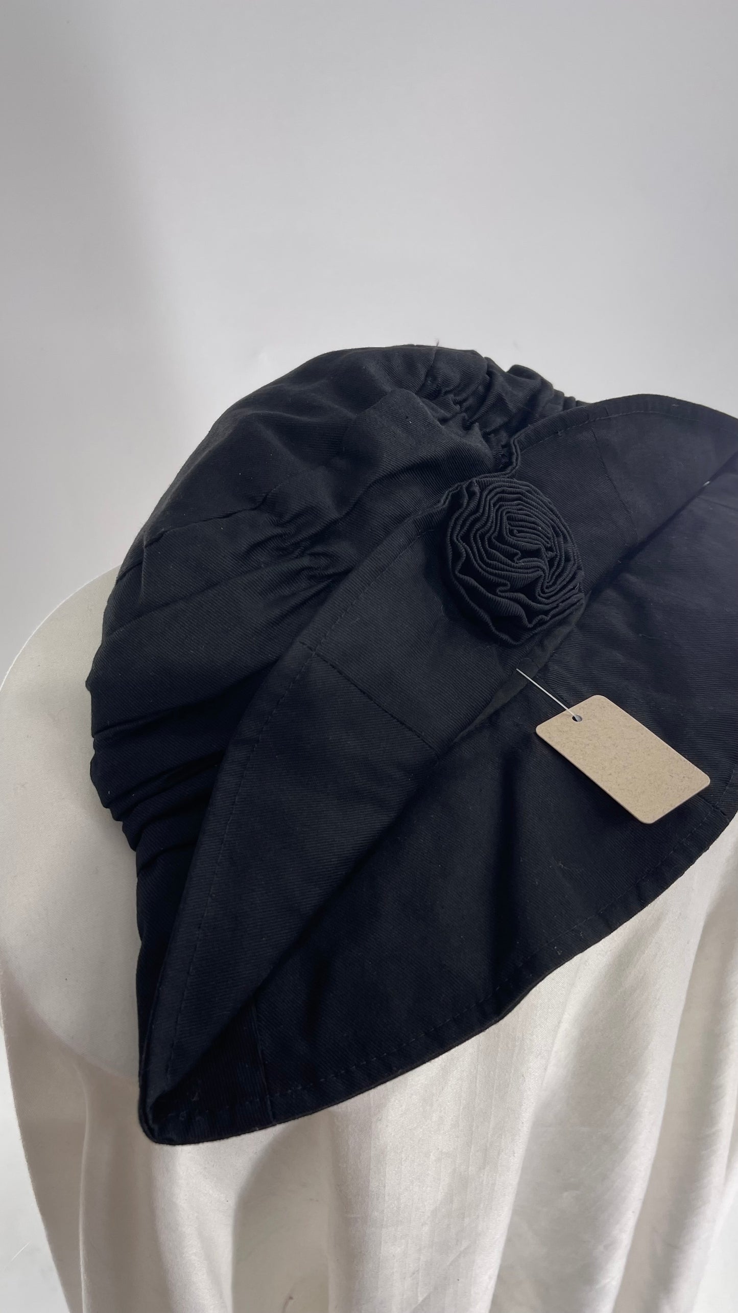 Black Pleated Sunhat with Rosette Detail
