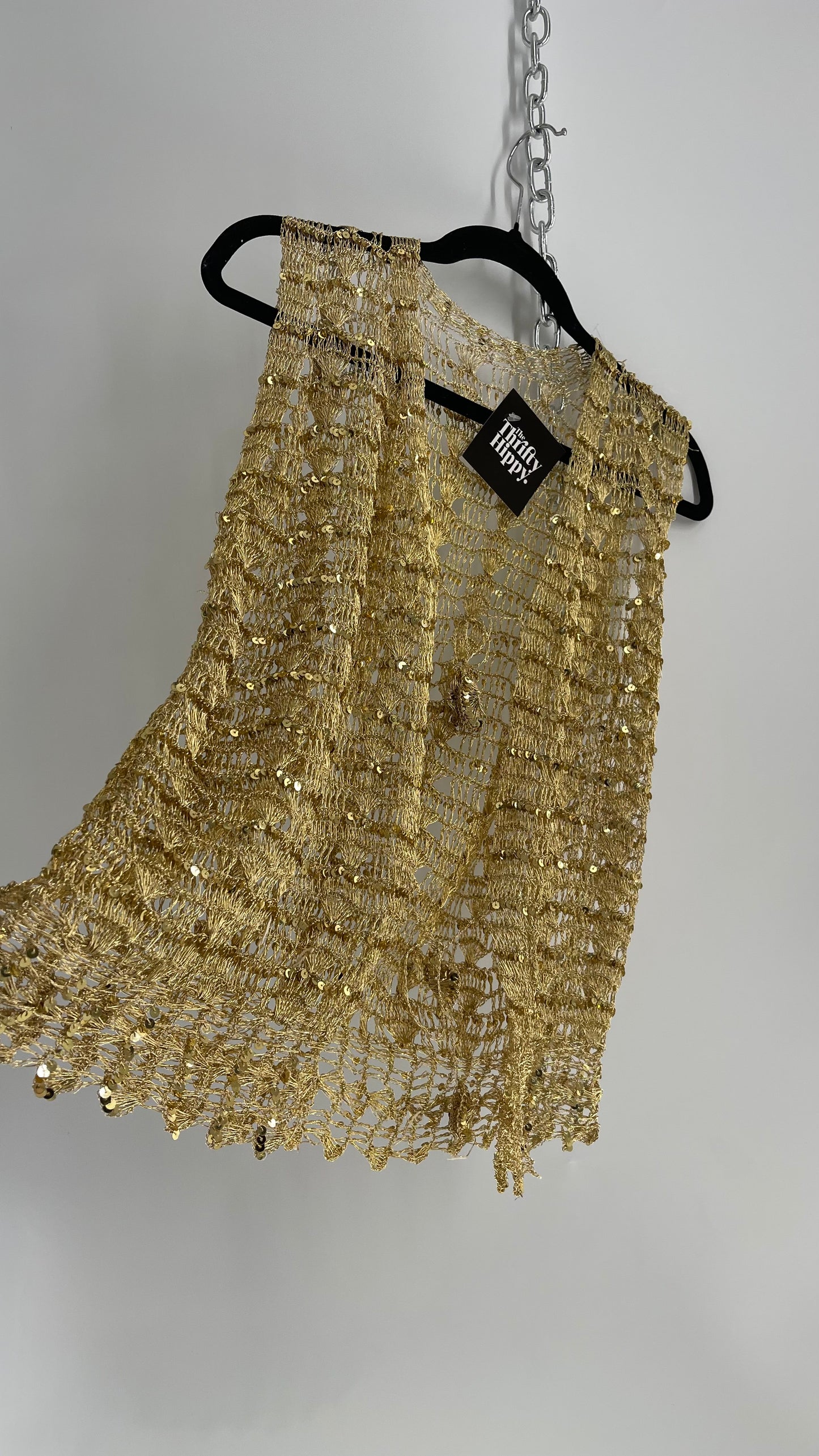 Vintage Gold Crochet Sequin Tie Bust Vest (S/M)