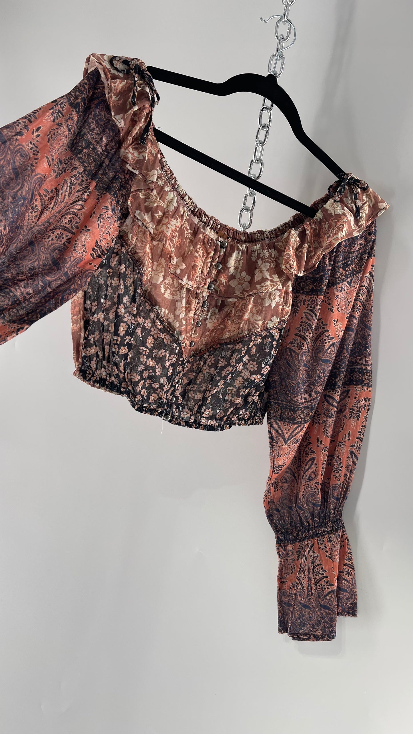 Free People Cotton Pink Blue Mixed Paisley Patterned Cropped Blouse with Bell Sleeves, Button Front and Ruffled Neckline with Bow Tie Detail (XS)