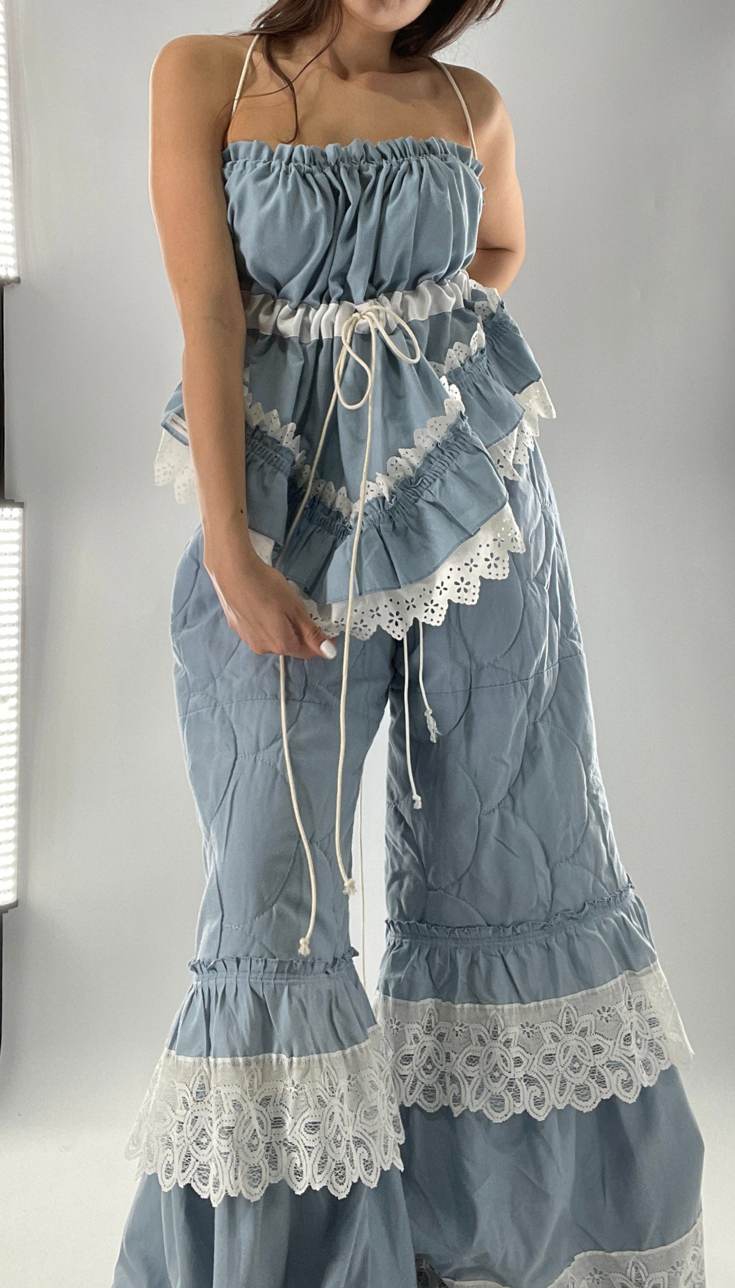 Vintage 2 Piece Powder Blue Set Featuring 2Way Blouse and Quilted Trousers Covered in Ruffles, Lace and Trim (One Size)
