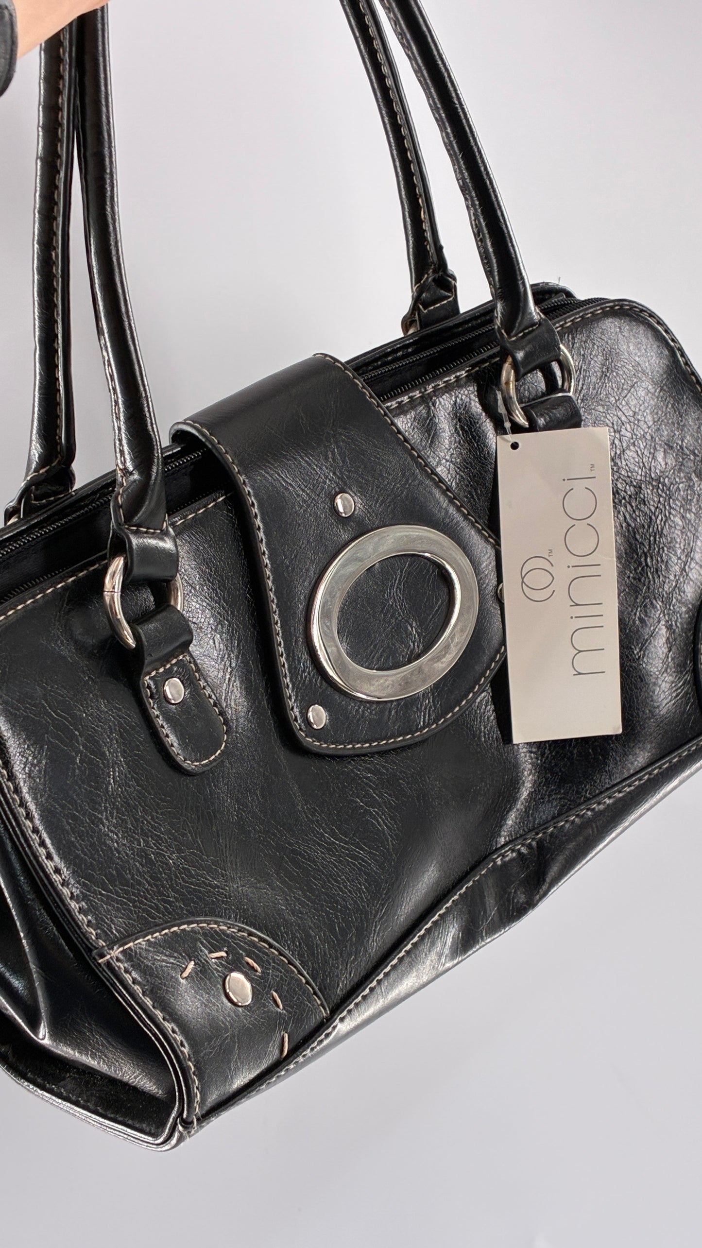 Deadstock Vintage MINICCI Black Shoulder Bag With Silver Hardware, Exaggerated Stitching