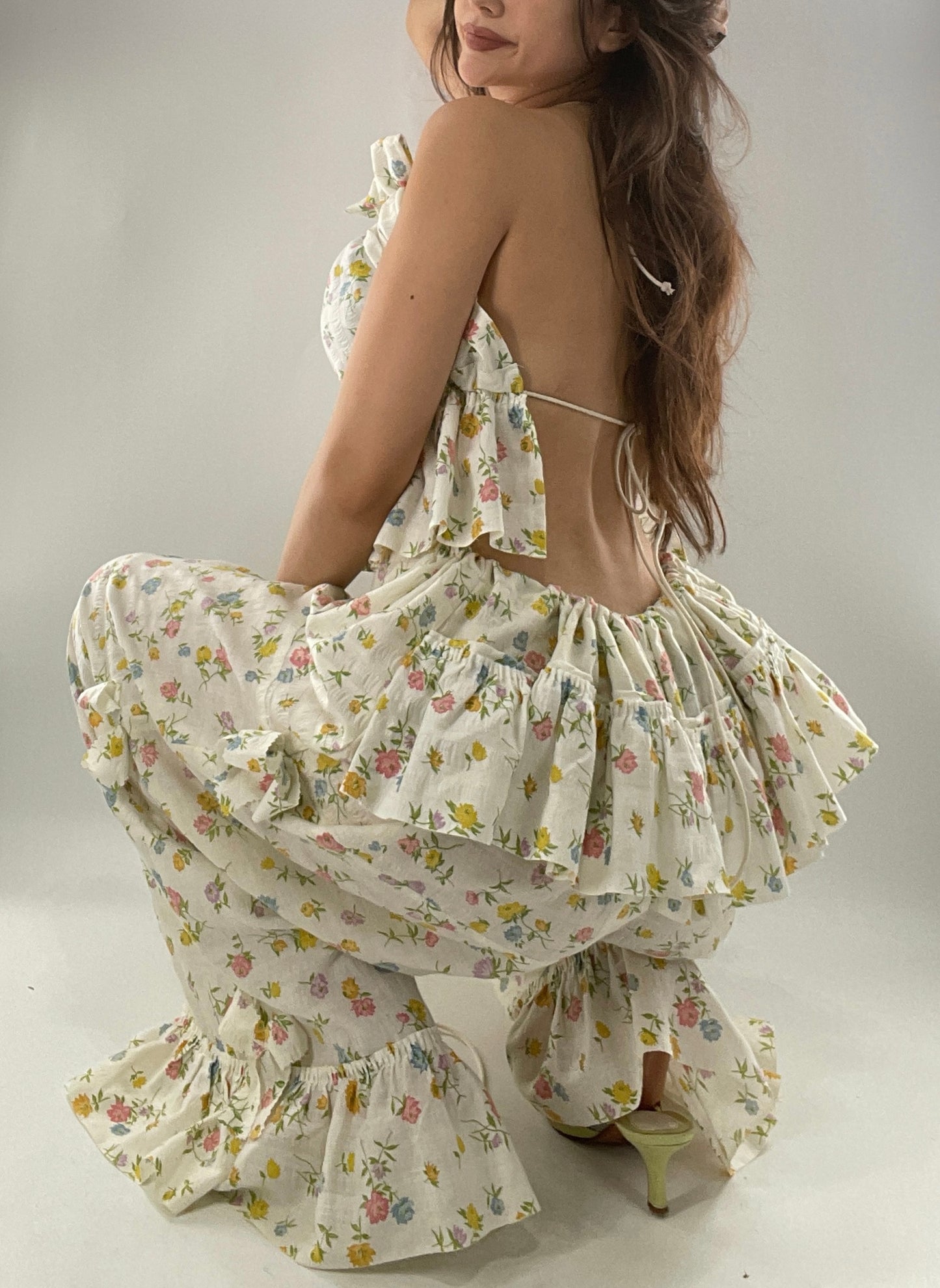 Vintage 2 Piece Floral Babydoll Set with Adjustable Top and Adjustable Pants Featuring Bow Sides and Ruffles Bum (One Size)
