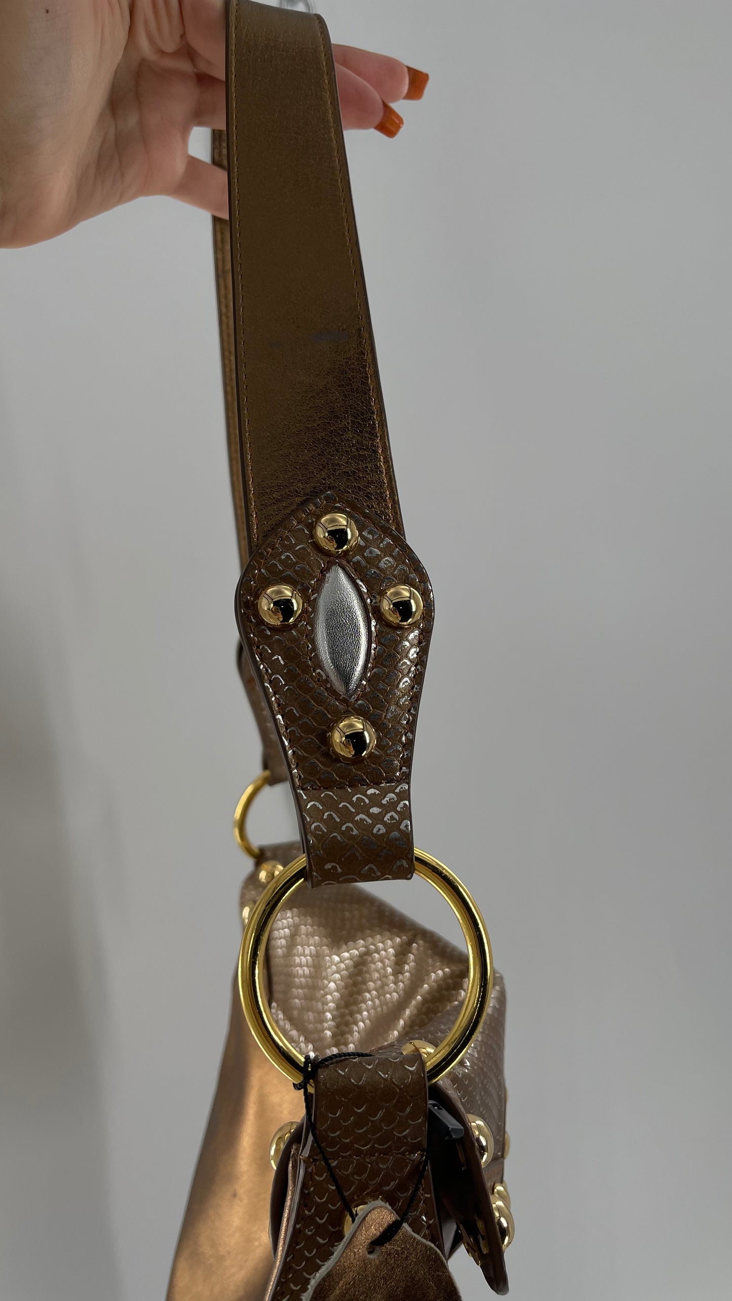 Deadstock Vintage The Find Grandeur Bronze Bag with Grommets, Gemstones, Studs and Exaggerated Buckle