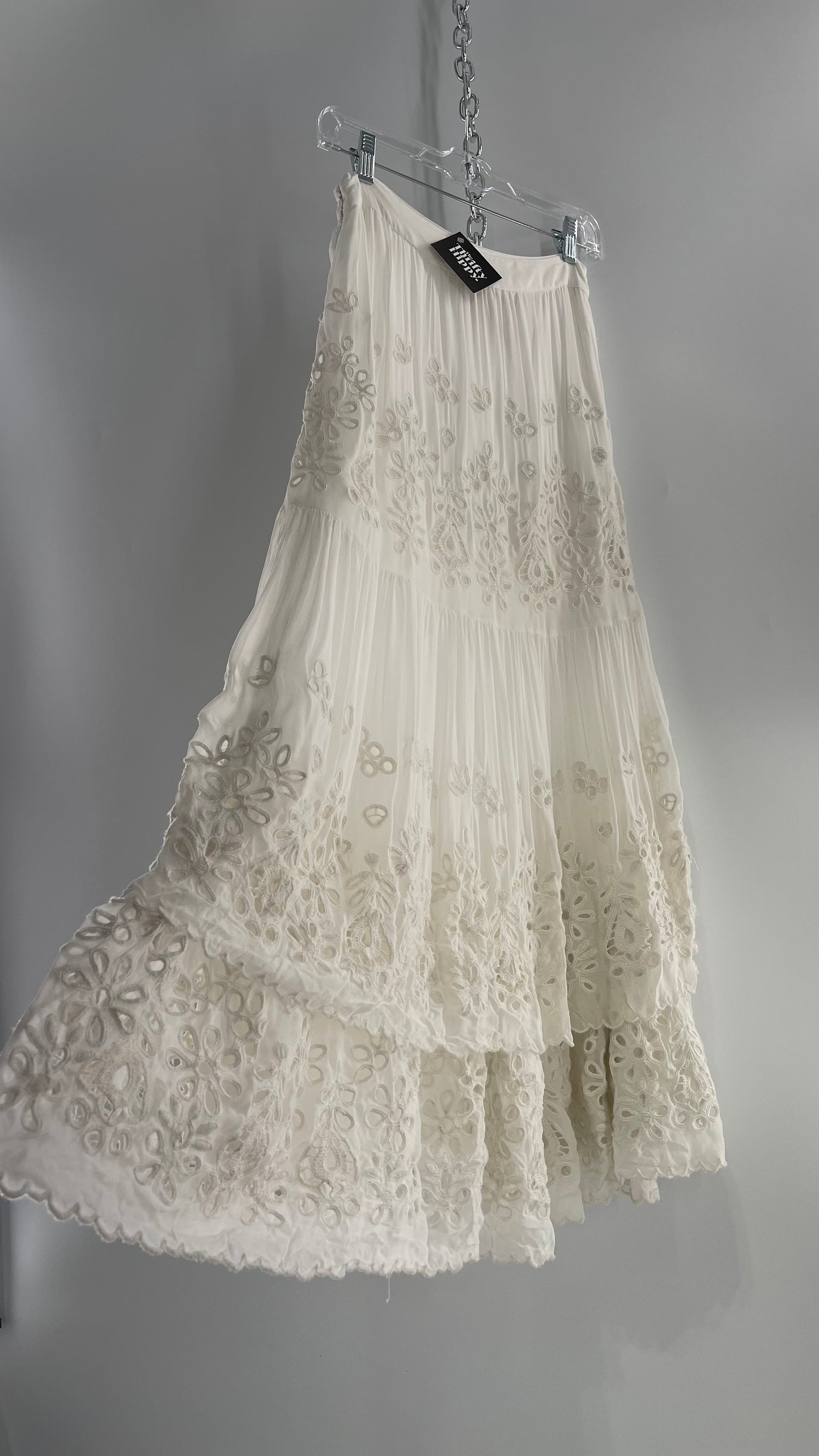 Free People White Embroidered Eyelet/Lace Voluminous Tiered Ruffle Full Length Skirt (4)
