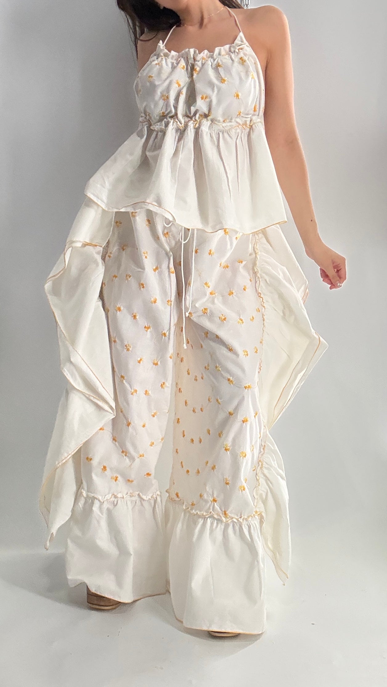 Vintage Handmade Angeline 2pc Set with Ruffled Pant, Embroidered Daisy Pattern, and Bustier Camisole with Adjustable Drawstring Bustline and Waistline (XS-L)