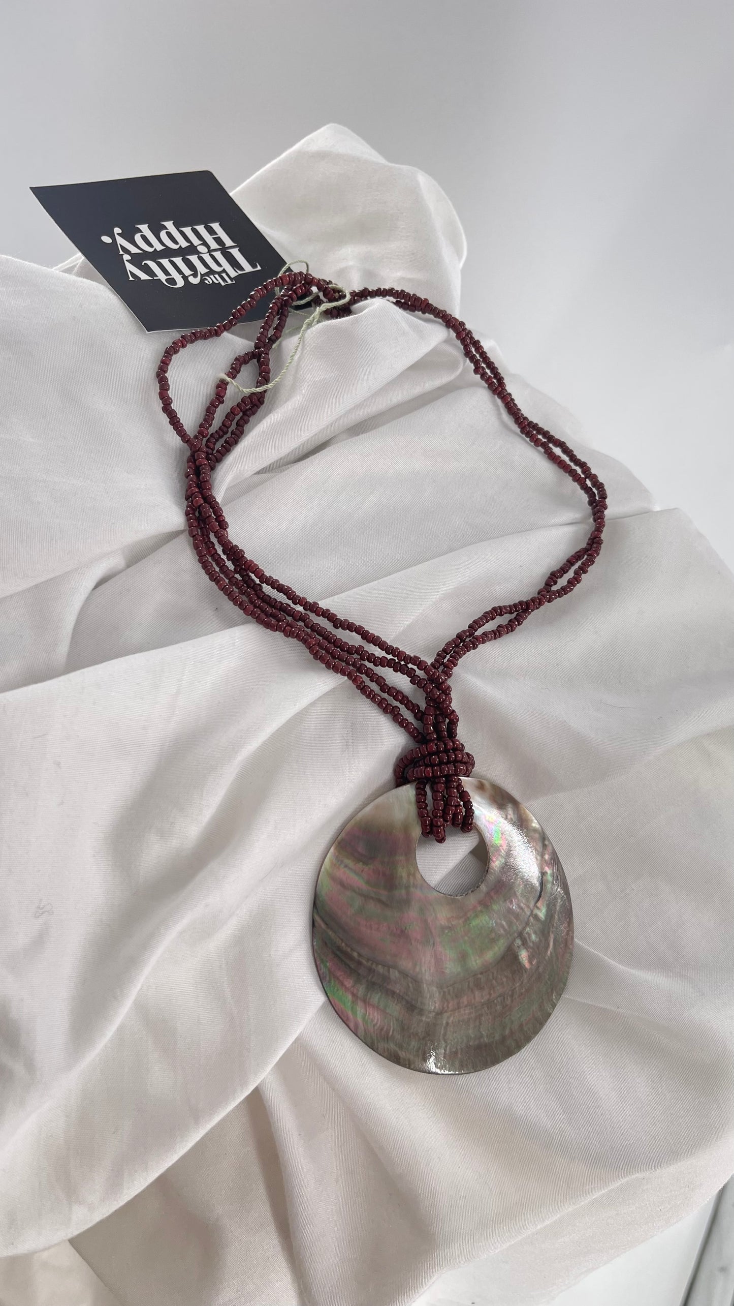 Vintage 1990s Burgundy Beaded Choker with Statement Iridescent Shell Pendant