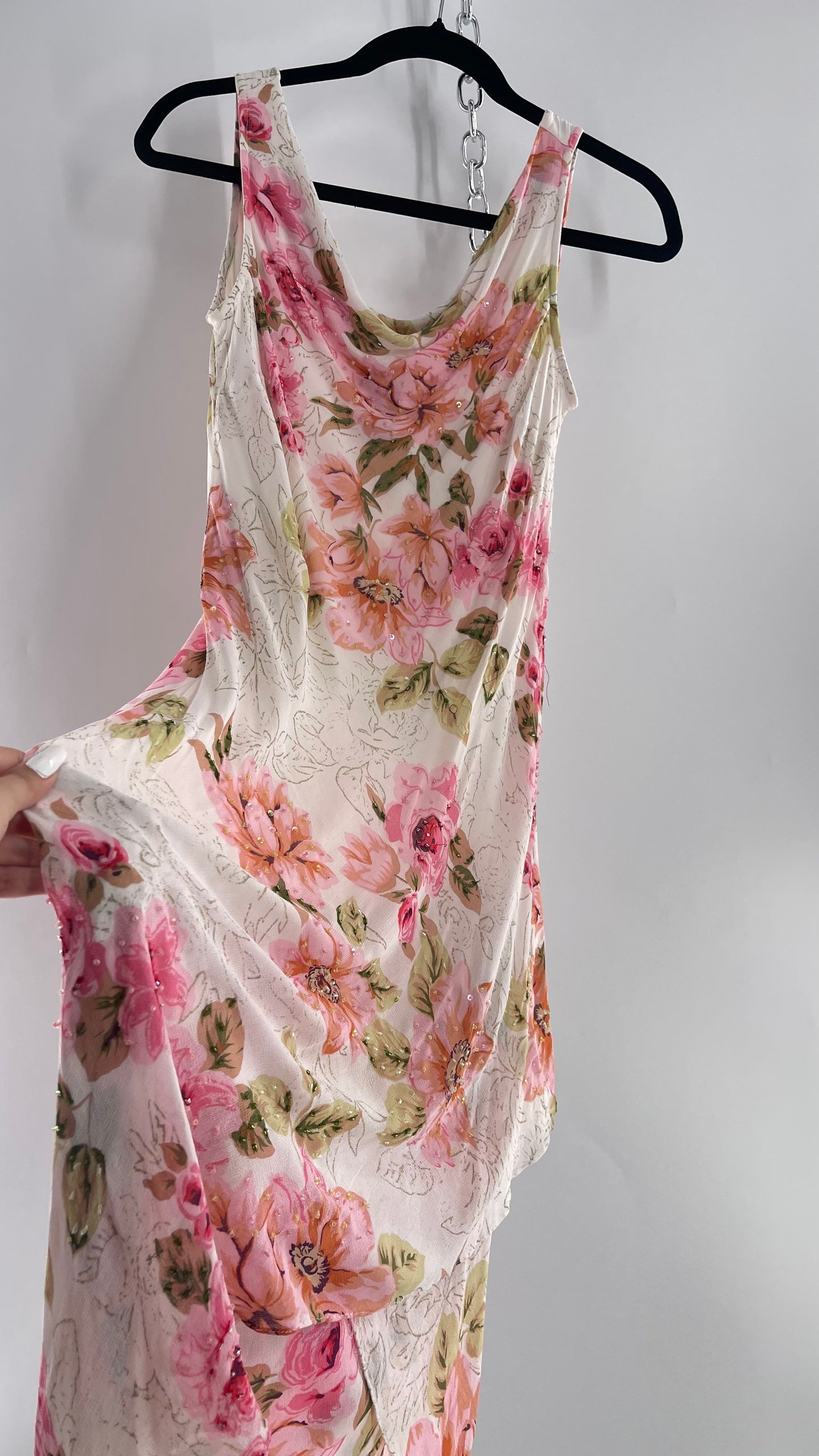 Vintage Eva Blue Pink Floral Draped Neck Sleeveless MIDI with Beading (10)