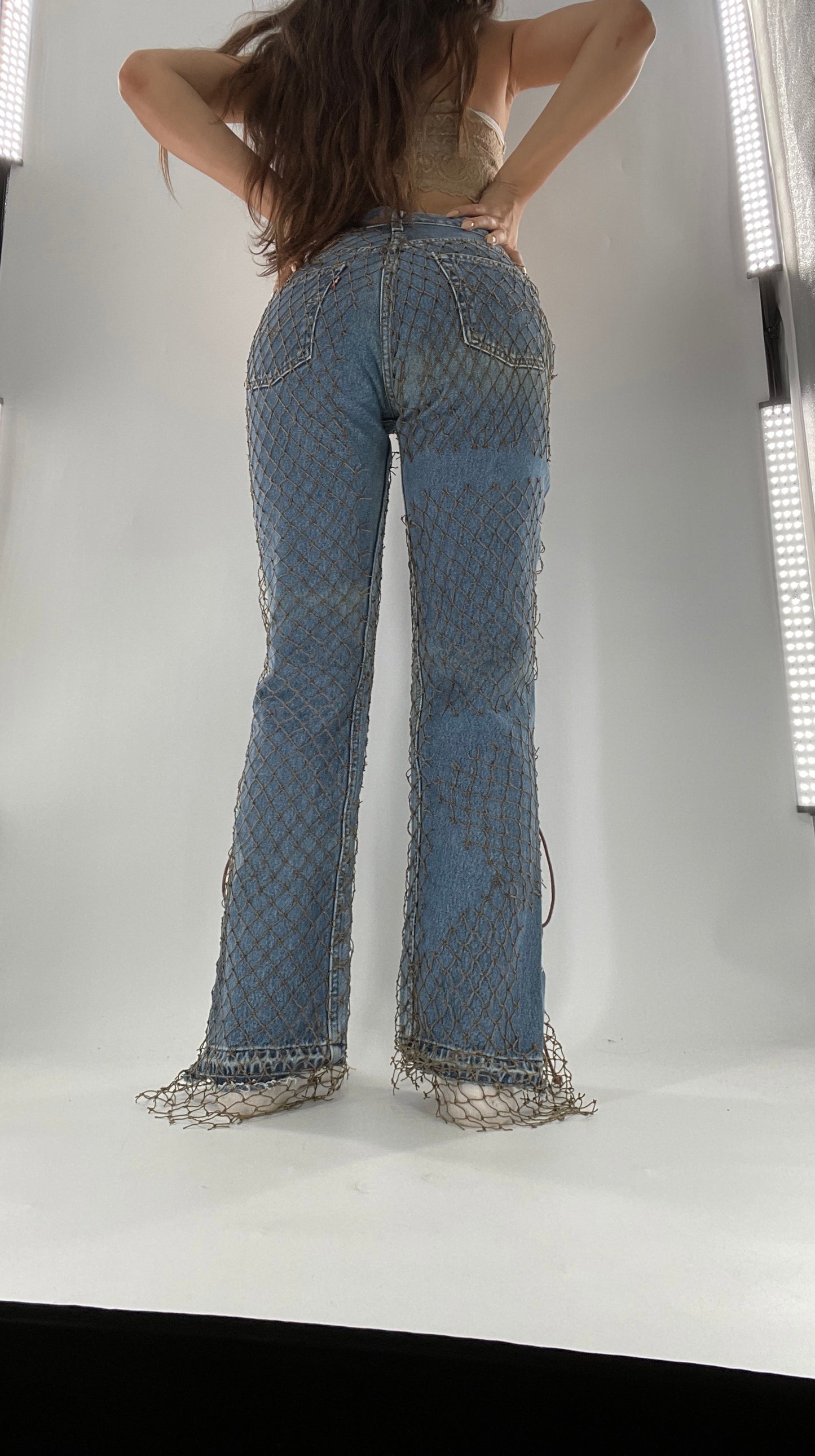 Custom - Fishnet Levi’s with Grommets and Lace Up Sides (Waist 29 Length 30) Fits Like a 26*