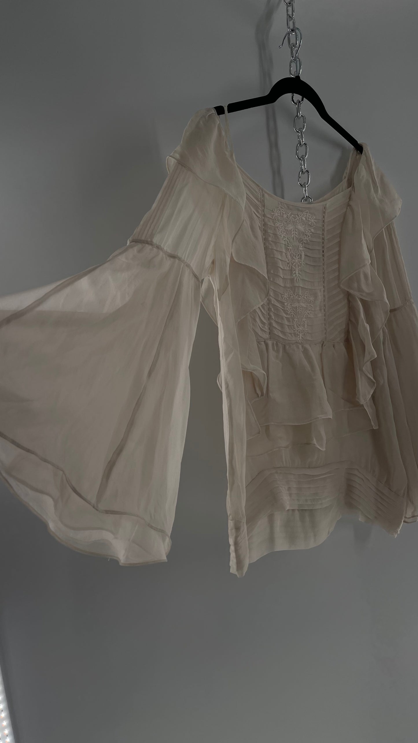 ZARA Ruffled and Embroidered Bell Sleeve Blouse (Large)
