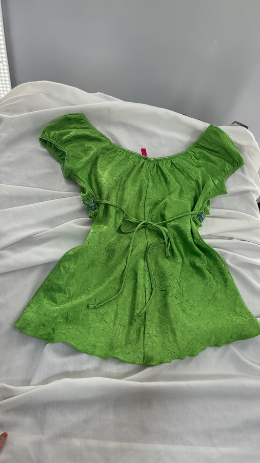 Vintage HEART SOUL Green Fully Embroidered Tie Back Puff Sleeve Top (Large)