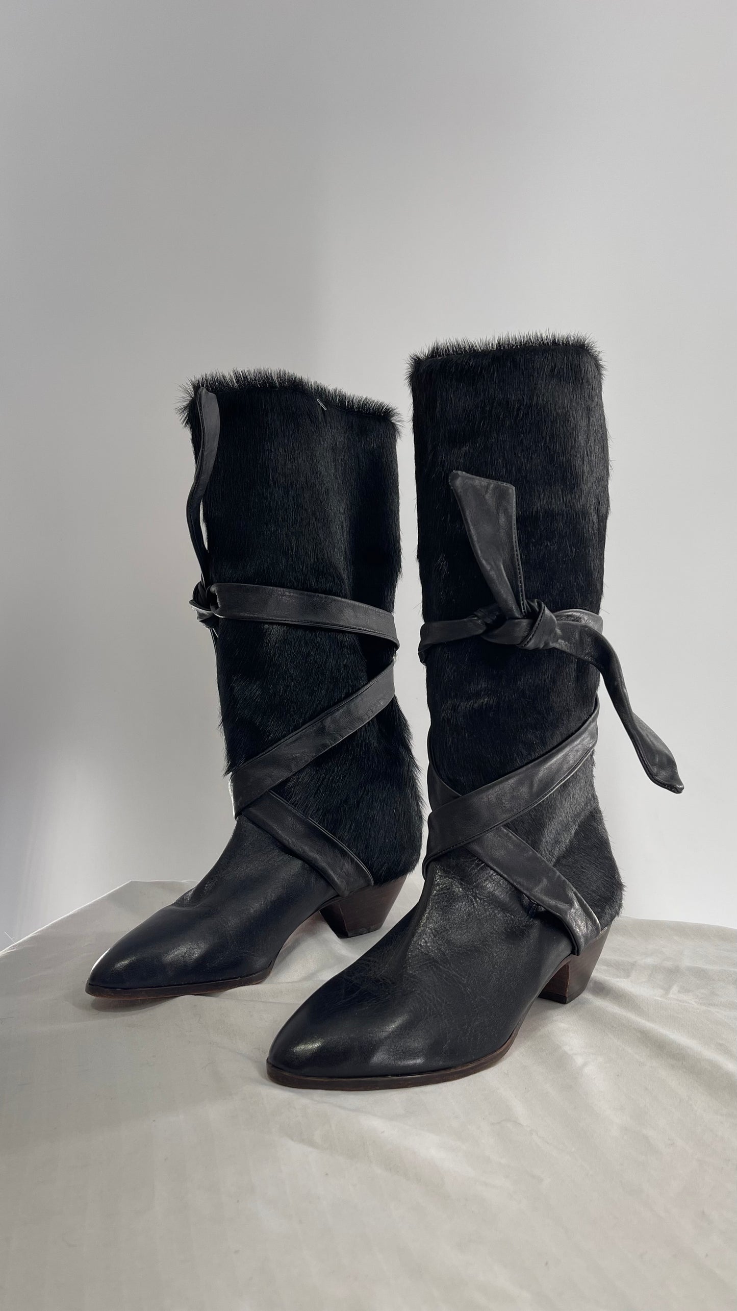 Vintage Nickels Black Italian Fur Boot with Leather Straps (7)