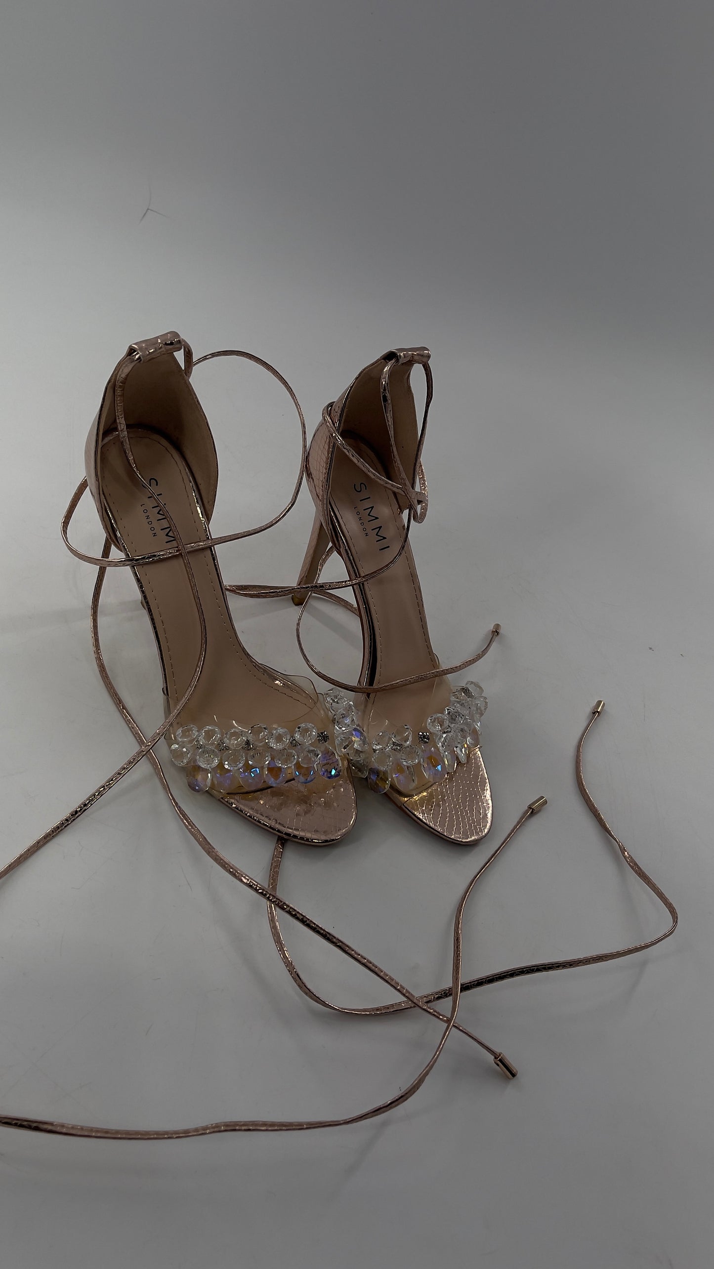 SIMMI LONDON Rose Gold Textured Heels with Clear Toe Strap Covered in Rhinestones/ Crystal Pendants and Tie Up Ankle Straps (7)