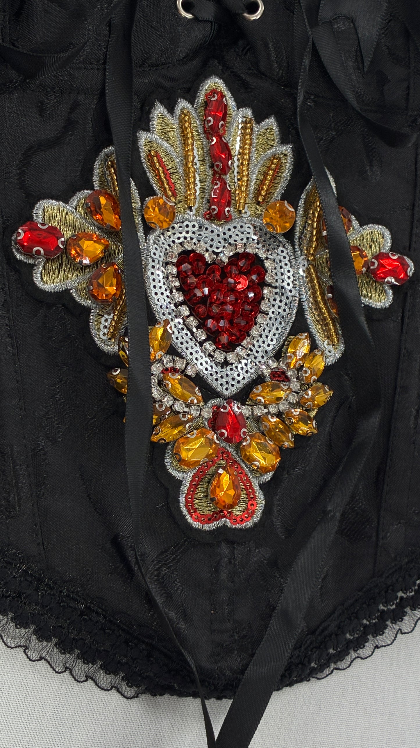 Custom Black Jacquard Corset, Handmade with Heart Appliqué, Bows, Embroidery, Gemstones, Lace and Ruffles (S/M)