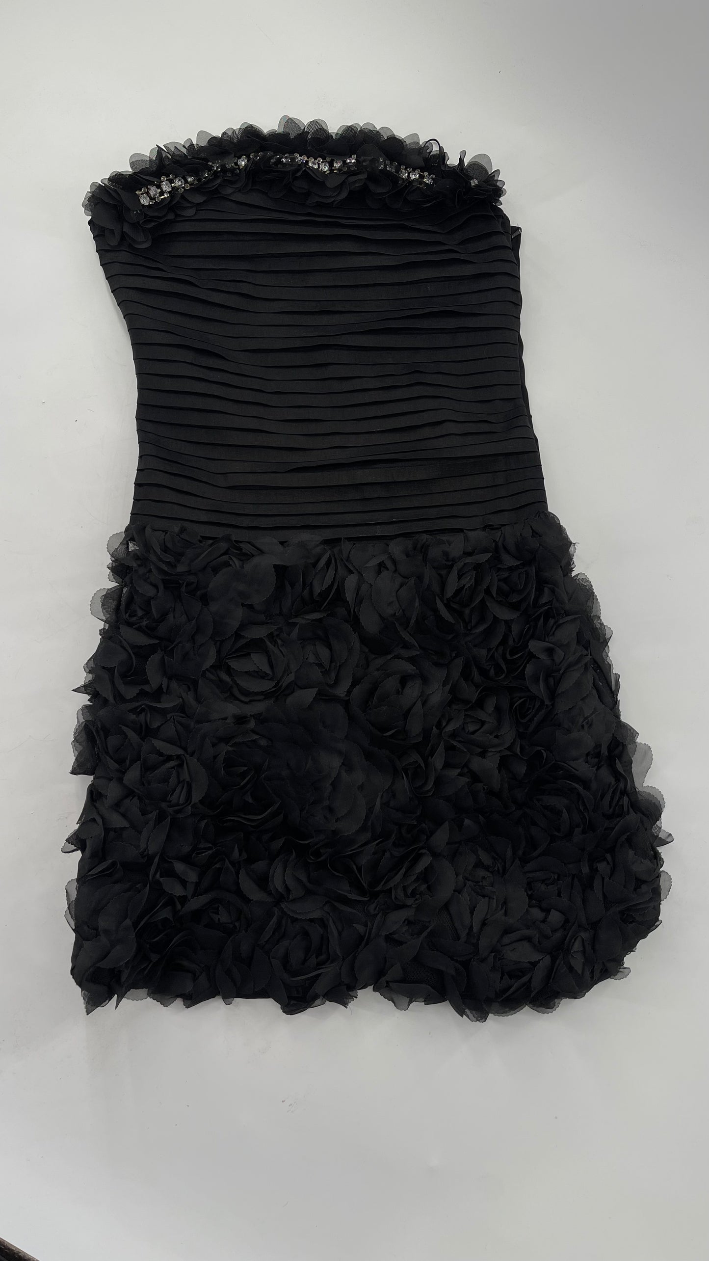 C.O:GWBG Black Dress with Pleated Bodice, Floral Ruffled Skirt and Bedazzled Bustline (S/M)