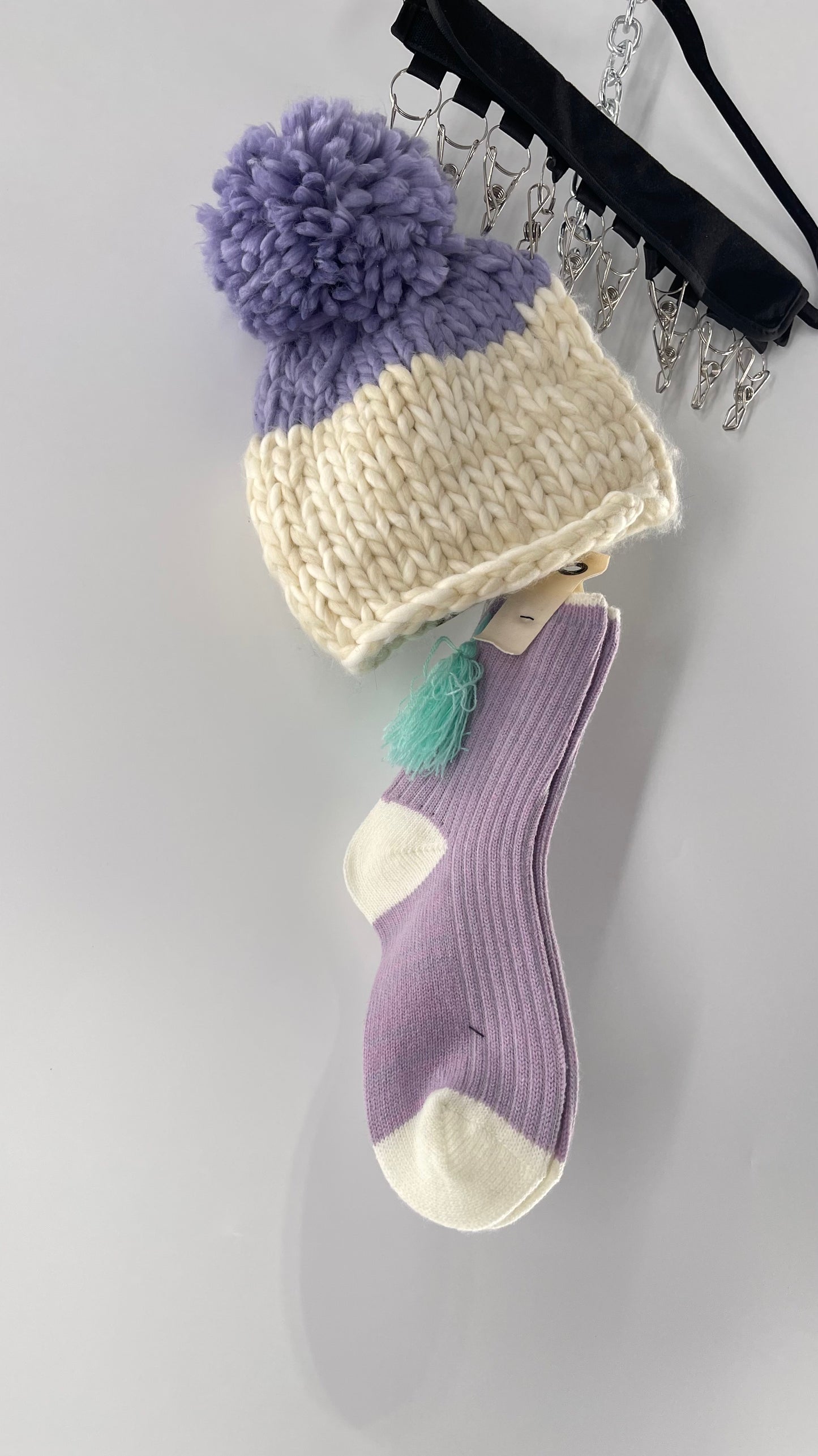 Free People Lavender Purple and White Knit Beanie and Sock Set