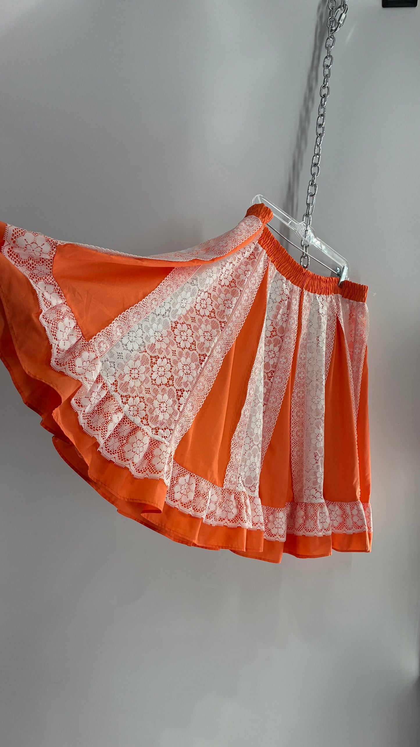 Vintage 1970s Handmade Sheer Lace Paneled Orange Mini Skirt (XL)