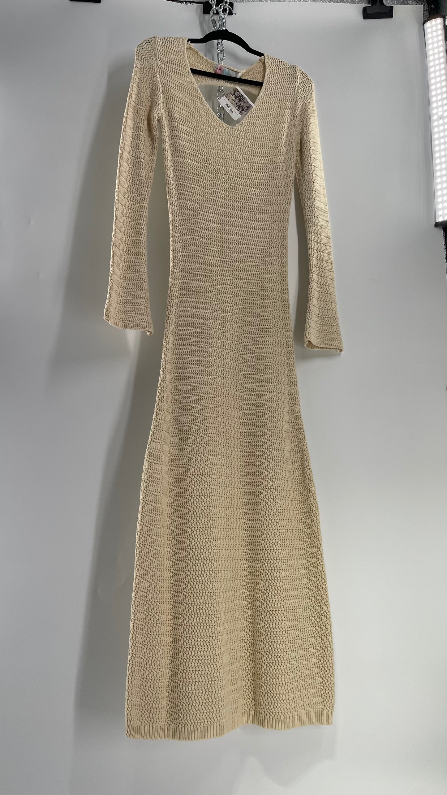 Free People Cozy Cream Knit Open Back Maxi Dress with Slight Bell Sleeve (Large)