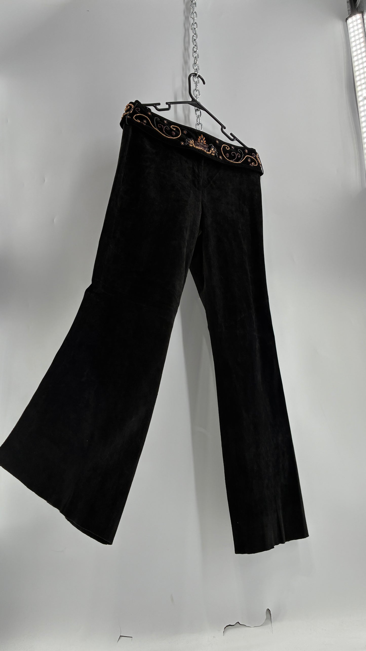Vintage Margaret Godfrey Black Genuine Suede Leather Kick Flares with Wide Beaded Belt (10)