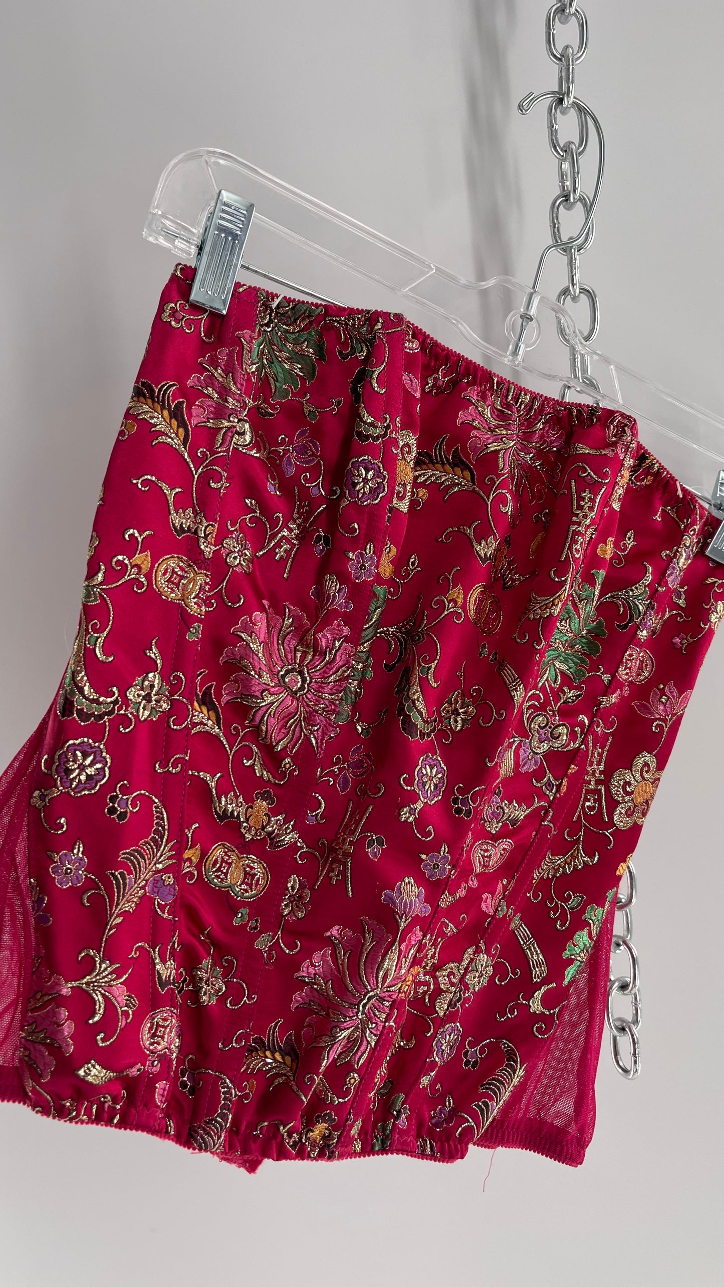 Vintage 1990s HOT Hot Pink Jacquard Metallic Boned Corset with Mesh Back and Hips (Small)