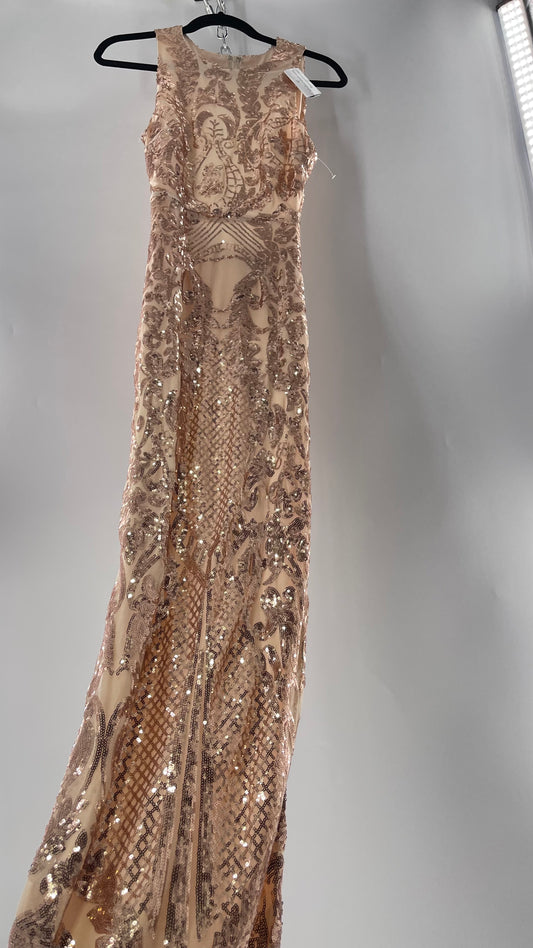 Windsor Rose Gold Sequin Maxi Dress with Side Slit Detail and Open Back (Small)