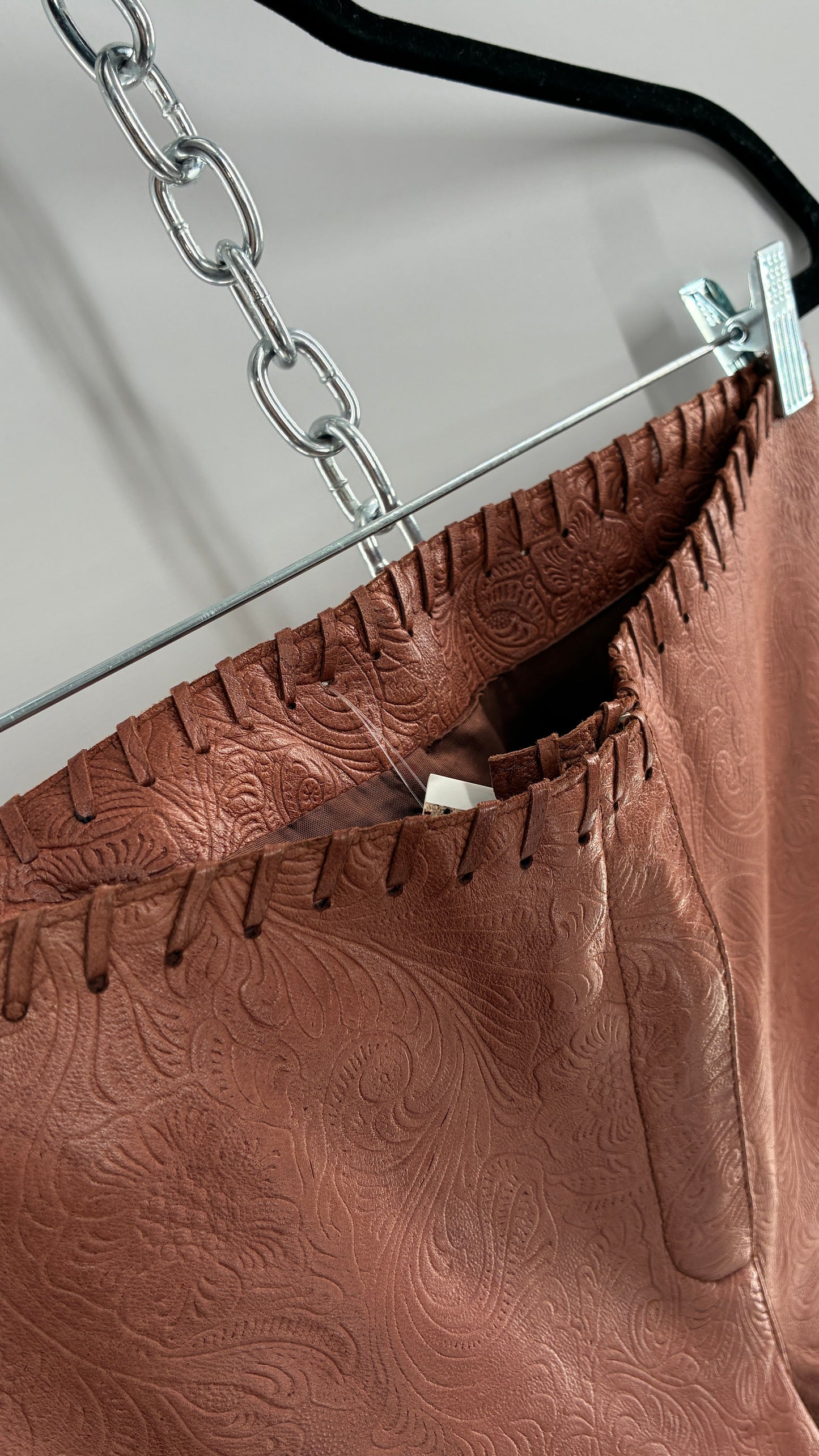 Vintage Embossed Paisley Patterned Genuine Leather Pants with Stitching Details (No Label Unbranded, S)