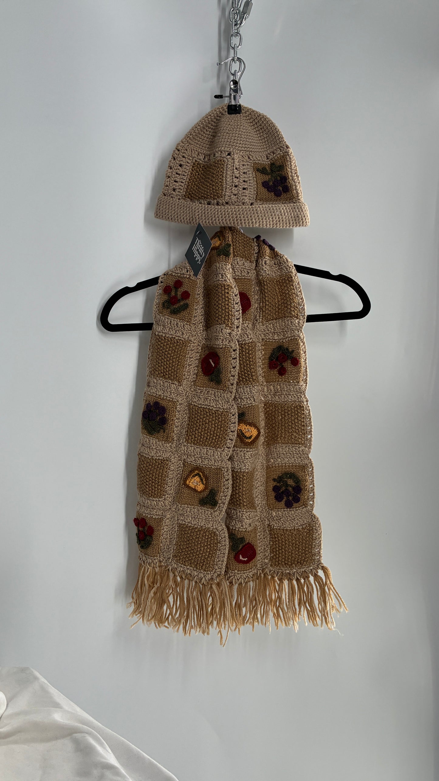 Vintage Crochet Knit Fruits of the Loom Hat and Scarf Set