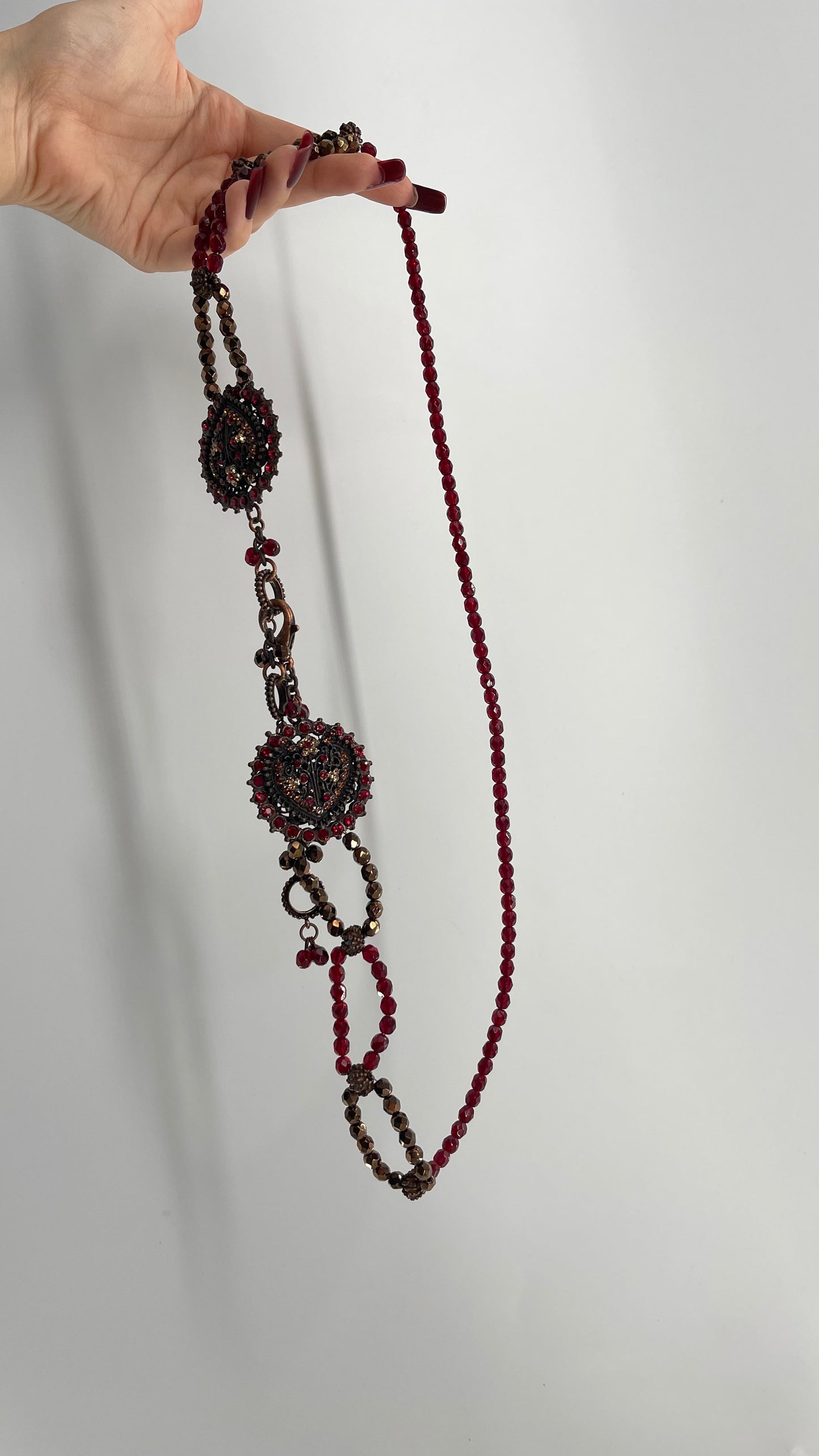 Vintage Crimson Red, BeadedWaist Chain Belt with Stone and Embossed Medallion Details