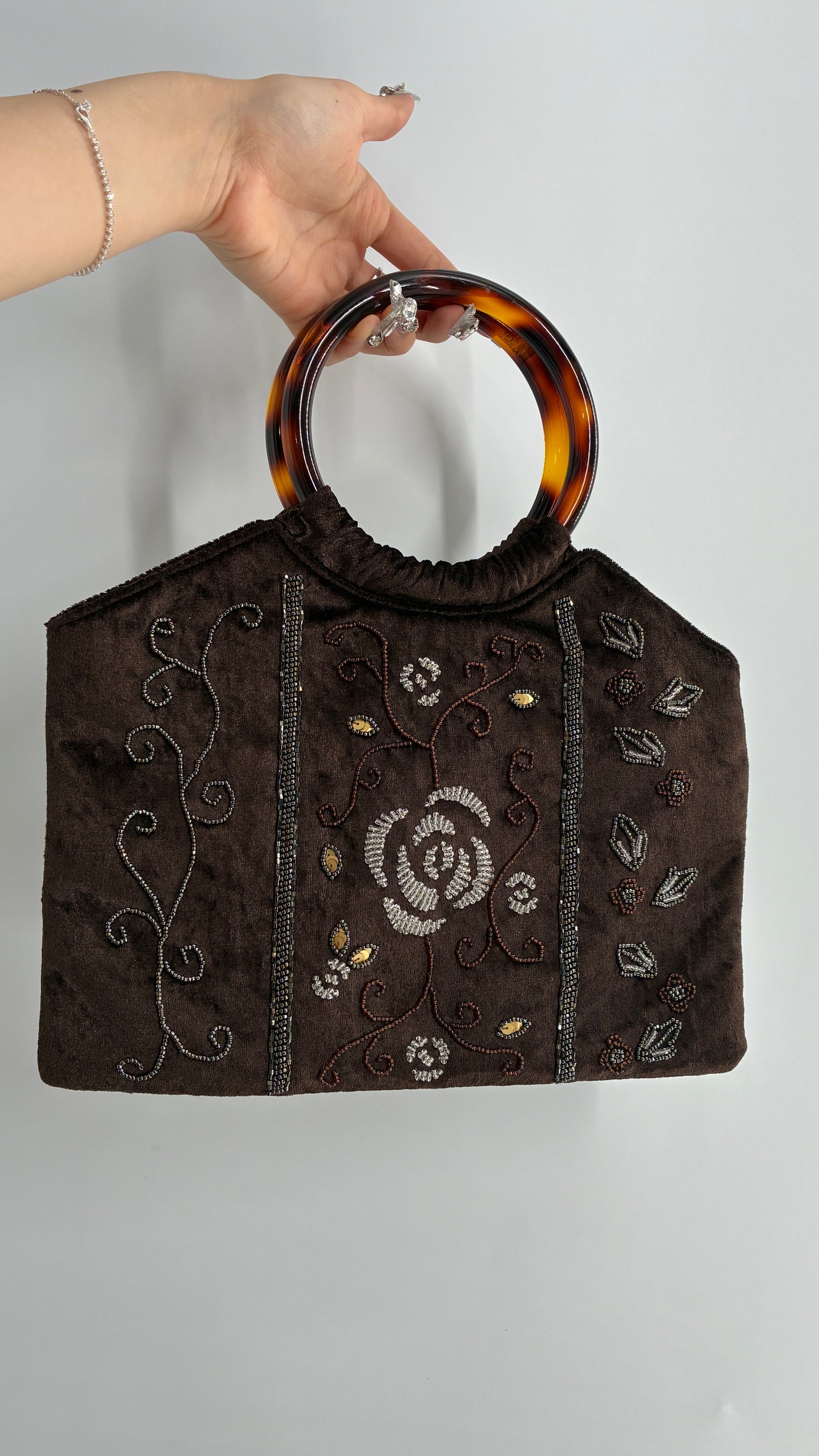 Vintage Silver Blue USA Brown Beaded Velvet Handbag with Circular Clutch