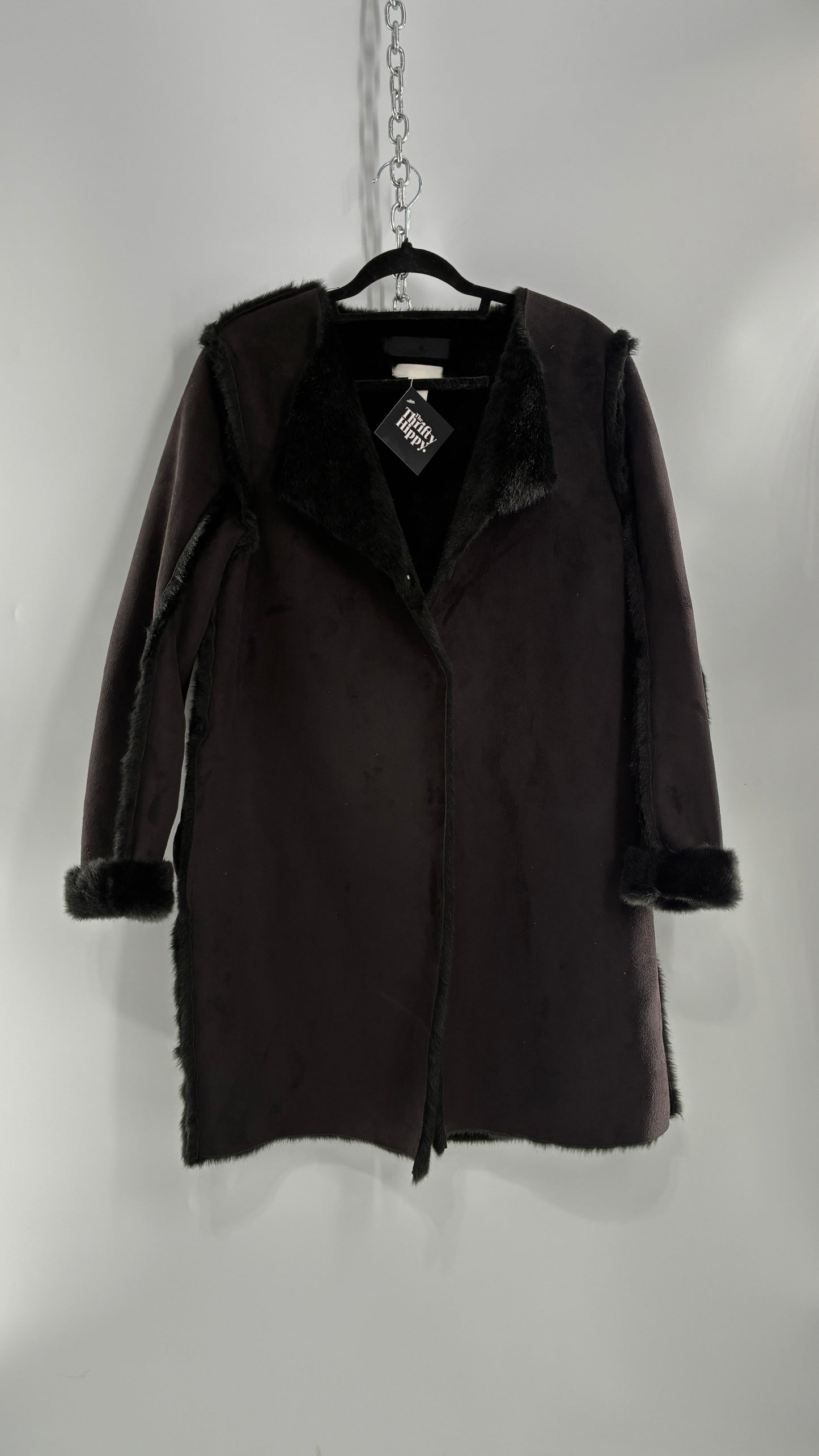 Vintage H&M Black Faux Suede Coat with Faux Fur Piping (12)