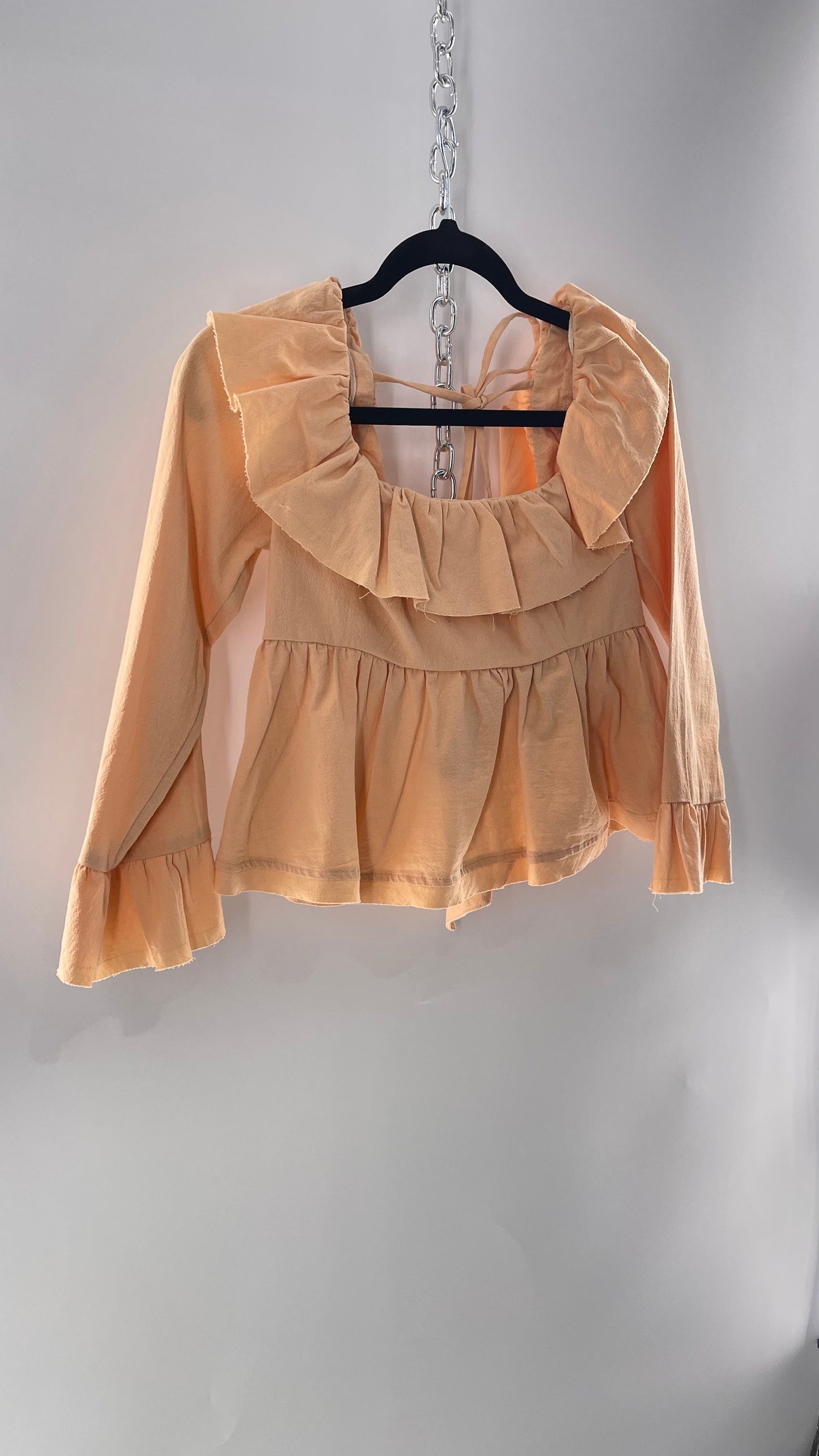 Free People Pumpkin Light Orange Backless Bow Back Cropped Blouse with Ruffle Sleeve and Neckline (XS)