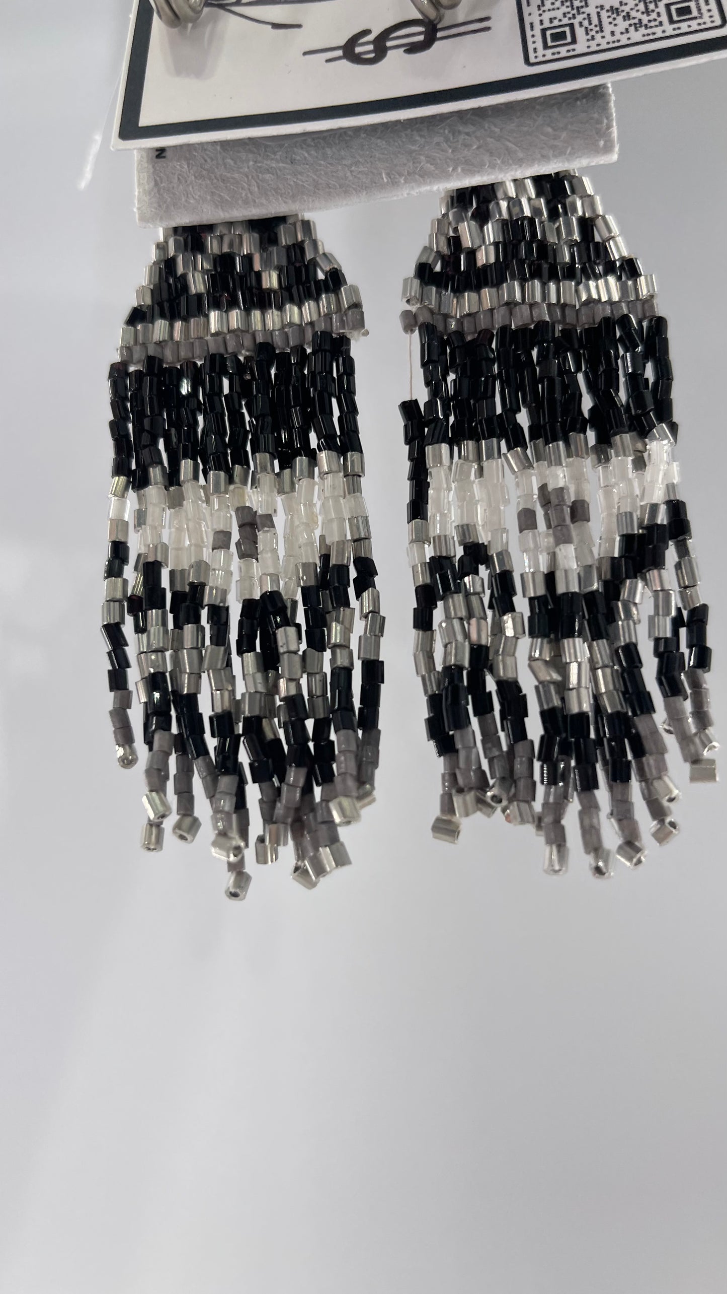 Free People Beaded Bohemian Black White Silver Earring with Tags Attached