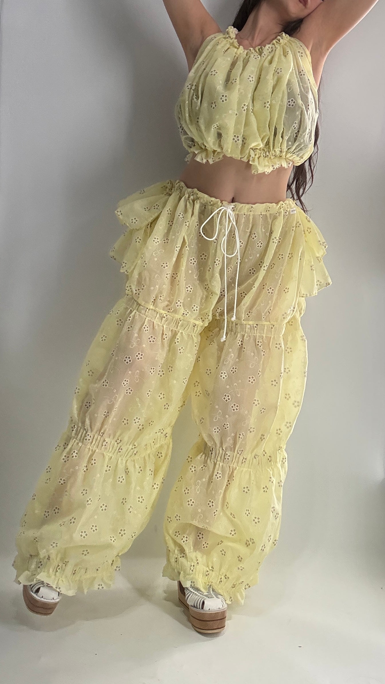 Vintage Handmade 2pc Baby Yellow Set with Tiered Pants, Ruffled Bum, and Floral Eyelet Pattern (XS-M)
