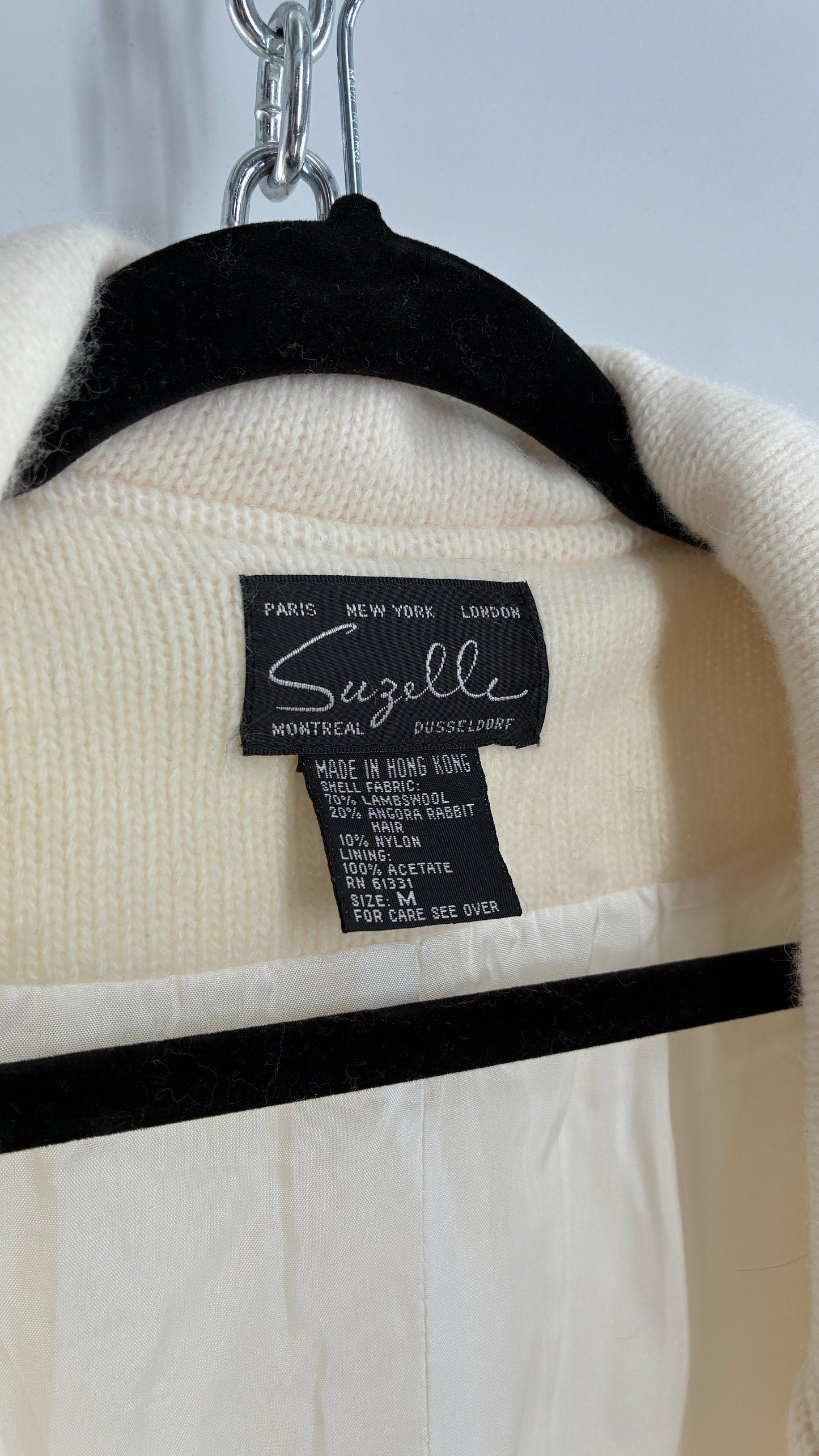 Vintage SUZELLE 70% Lambswool, 20% Angora Rabbit Off White Woven Bomber Jacket with Leather Flower Appliqués (Medium)