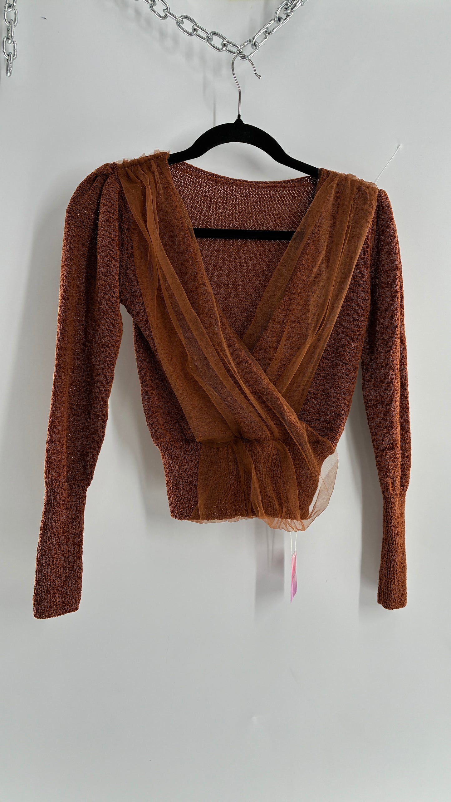 CHICWISH Brown Heavy Knit Balloon Sleeve, Tulle Ruched Details, and Tags Attached (Small)